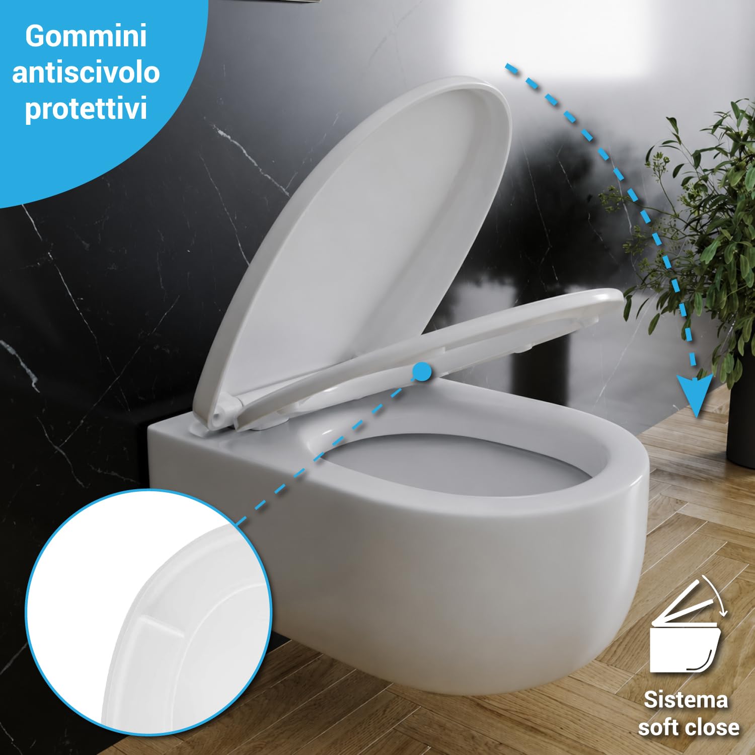 Crisalide® - Asiento de inodoro universal compatible blanco, tapa de inodoro con cobertura completa de MDF, cierre Soft Close, fijación ajustable de PVC, gomas antideslizantes, 36,7 x 44,5 cm
