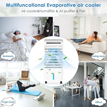 Evaporative Air Cooler, Yovikin 4-IN-1 Portable Air Conditioner Humidifier Air Purifier Cooling Fan, Negative Ions, 3 Modes, 1-7H Timer, Remote Control, 65W Mobile Space Cooler for Home & Office [Energy Class A]