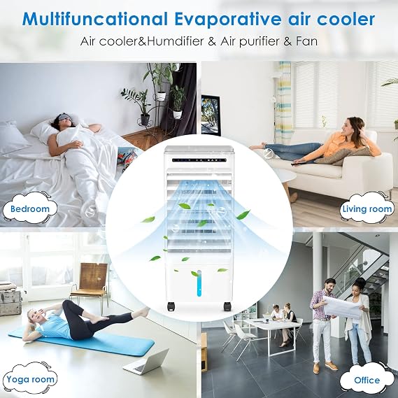 Evaporative Air Cooler, Yovikin 4-IN-1 Portable Air Conditioner Humidifier Air Purifier Cooling Fan, Negative Ions, 3 Modes, 1-7H Timer, Remote Control, 65W Mobile Space Cooler for Home & Office [Energy Class A]