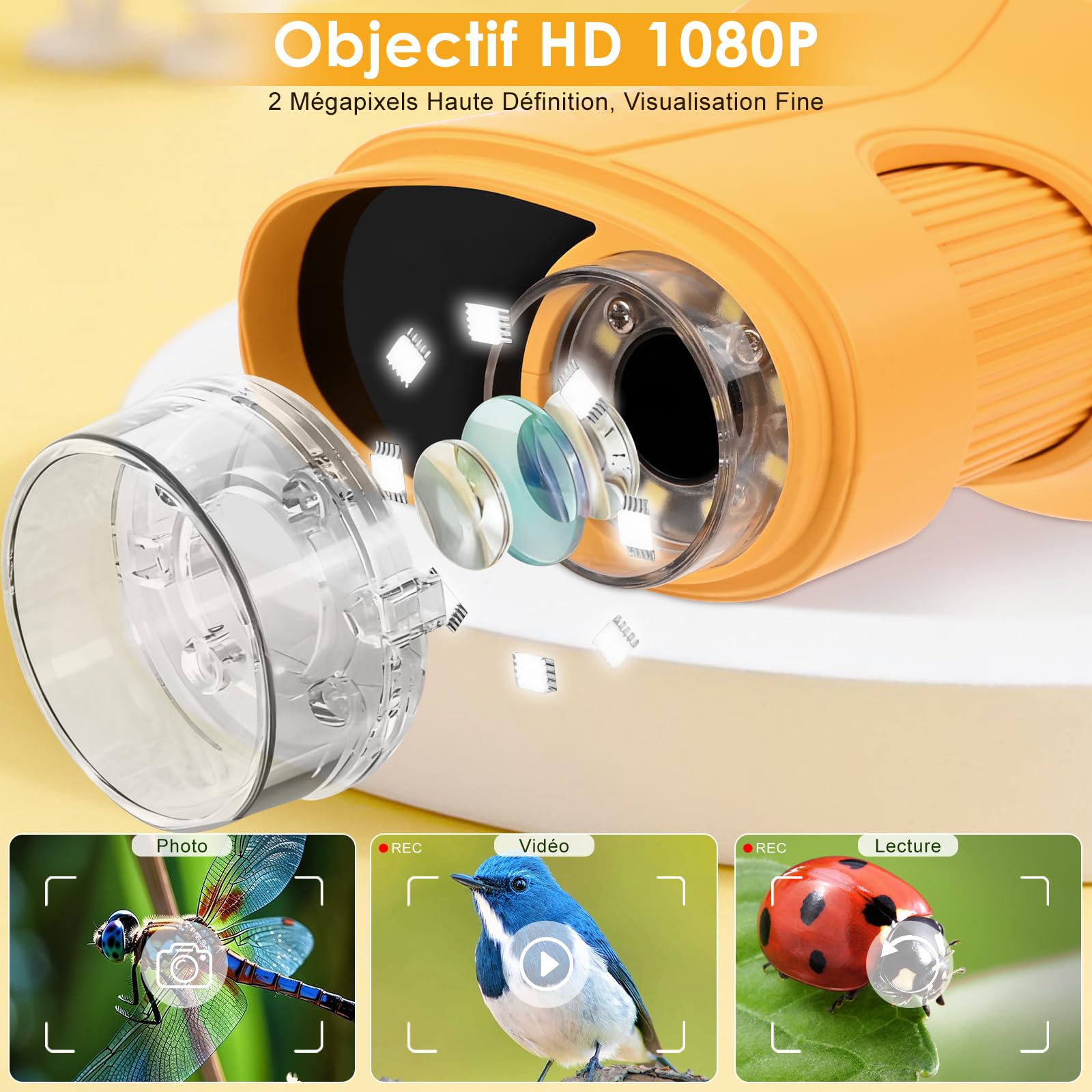 1000X Microscope Enfant,Microscope NuméRique pour 2.4" IPS Pouces & 8 LED Lumiere,Rechargeable,pour 4-12 Ans - Orange