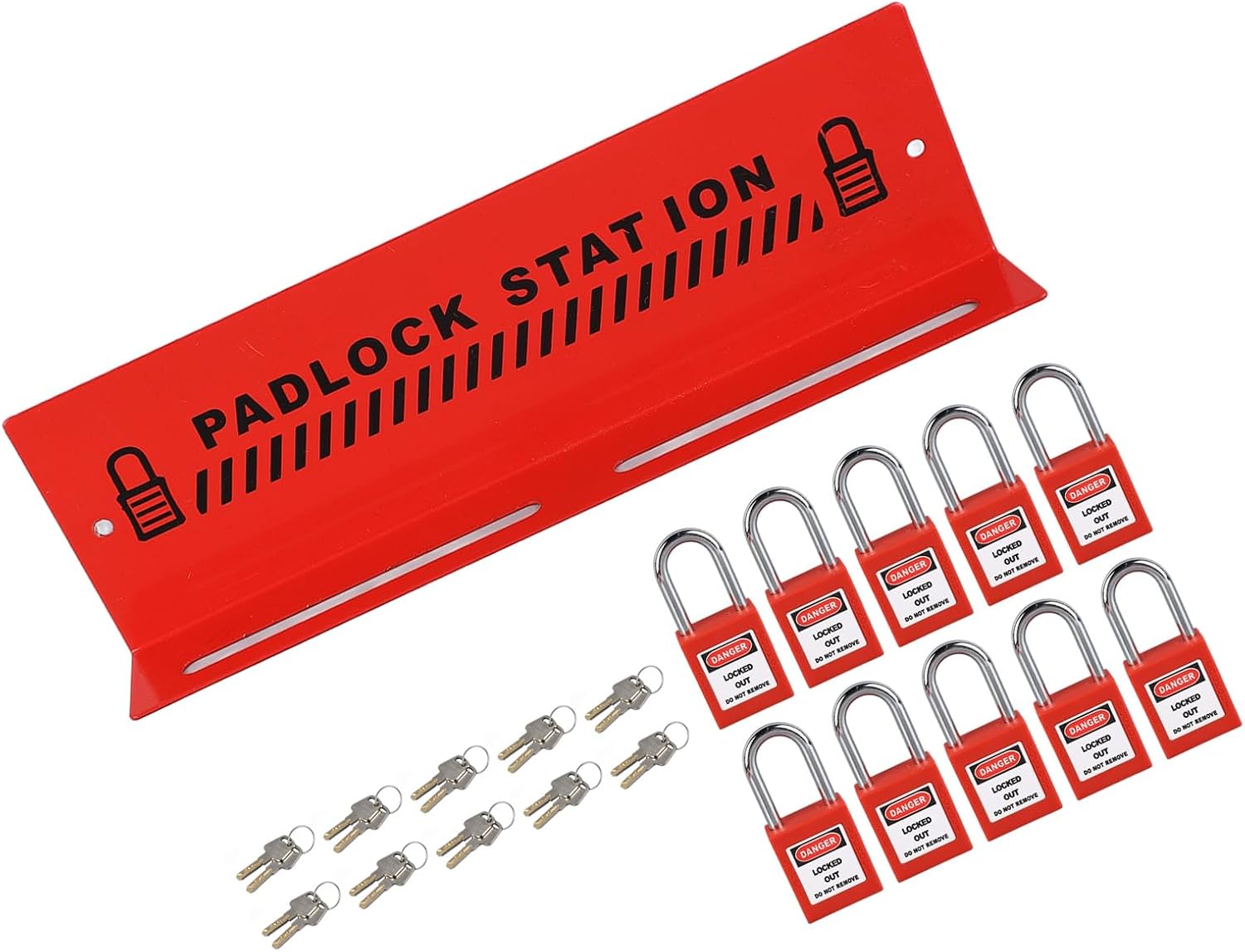 Safety Padlock Station Heavy Duty Red Steel Lockout Tagout Rack Management Wall Mounted Organizer for Industrial Shutdown Lock with 10 Padlocks and Keys