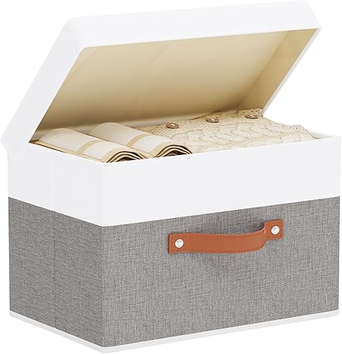 Miniatura 20 de Cesta de almacenamiento de tela con tapas, contenedores de almacenamiento plegables de lino, cajas organizadoras de armario con asas dobles, gris,