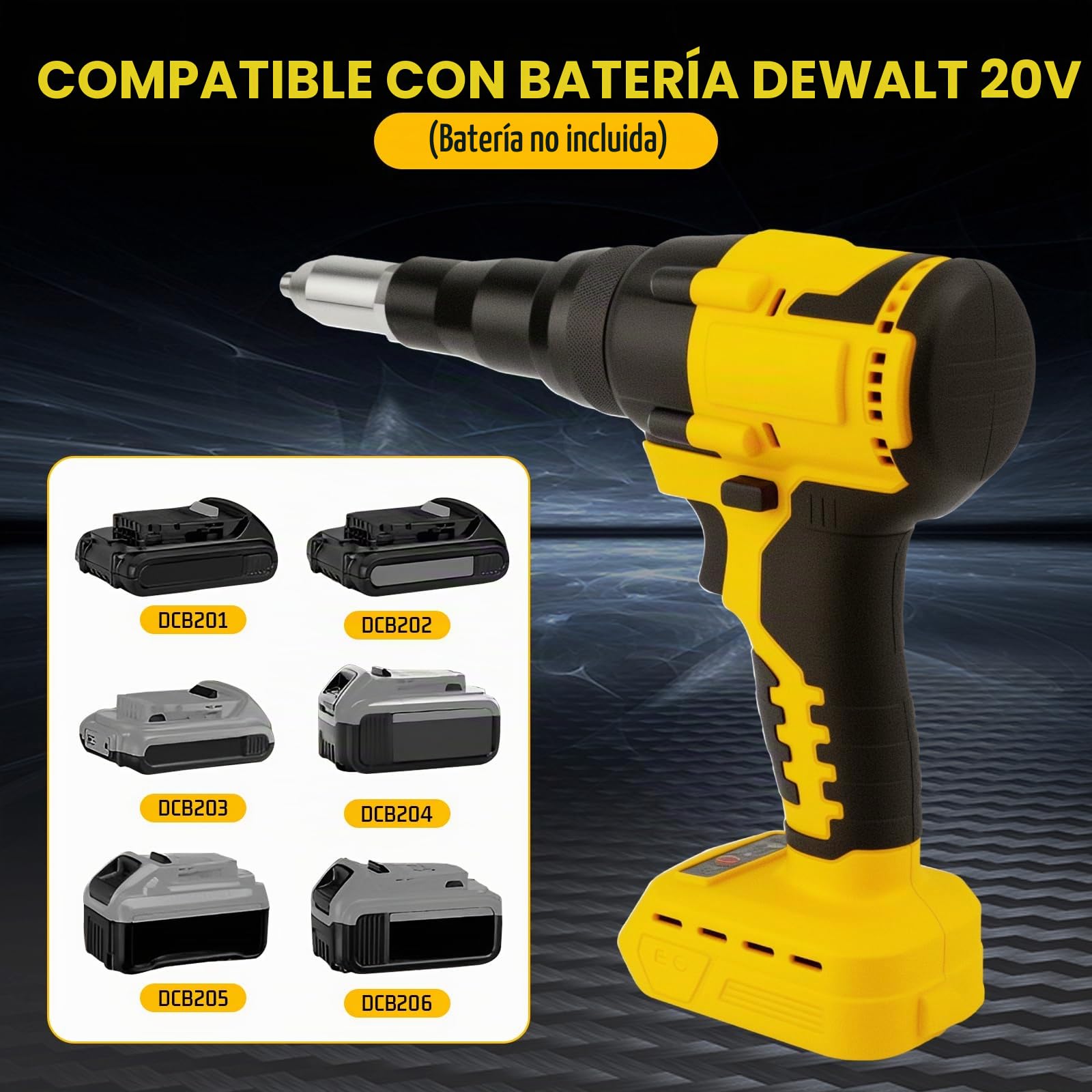 LIROPAU Pistola Remachadora Inalámbrica Compatible con Batería Dewalt 20V, Kit de Pistola Remachadora Automática Portátil de 0,6 cm, 3/16", 5/32", con Luz LED, 20 Remaches, 3 Adaptadores y Guantes