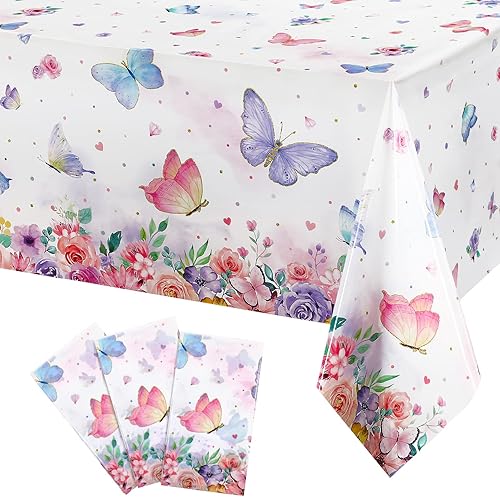 Pajean Mantel rectangular de plástico con diseño de mariposas y mariposas en acuarela morada, 3 piezas, para decoración de mesa de fiesta temática