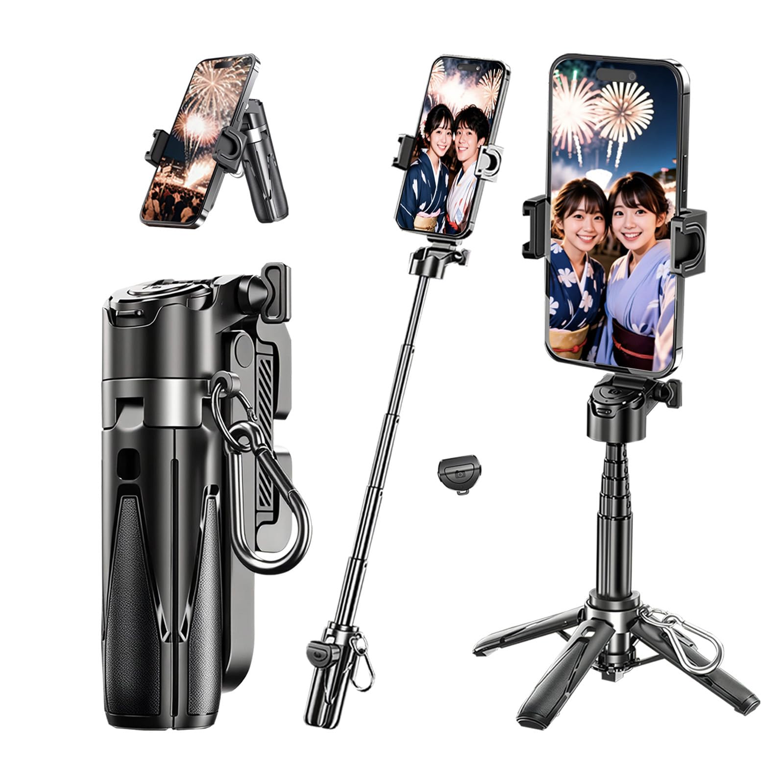 自撮り棒 充電式・4in1万能モデル スマホスタンド 卓上 収納 11.5cm アルミ合金製 高い安定感 スマホ 三脚 キーホルダー付き スマホ撮影スタンド 四脚/一脚兼用 リモコン付き ミニ じどり棒 軽量 iphone & android対応 セルカ棒 持ち運び便利 自撮り/live配信/旅行/結婚式/花火大会/コンサートに最適