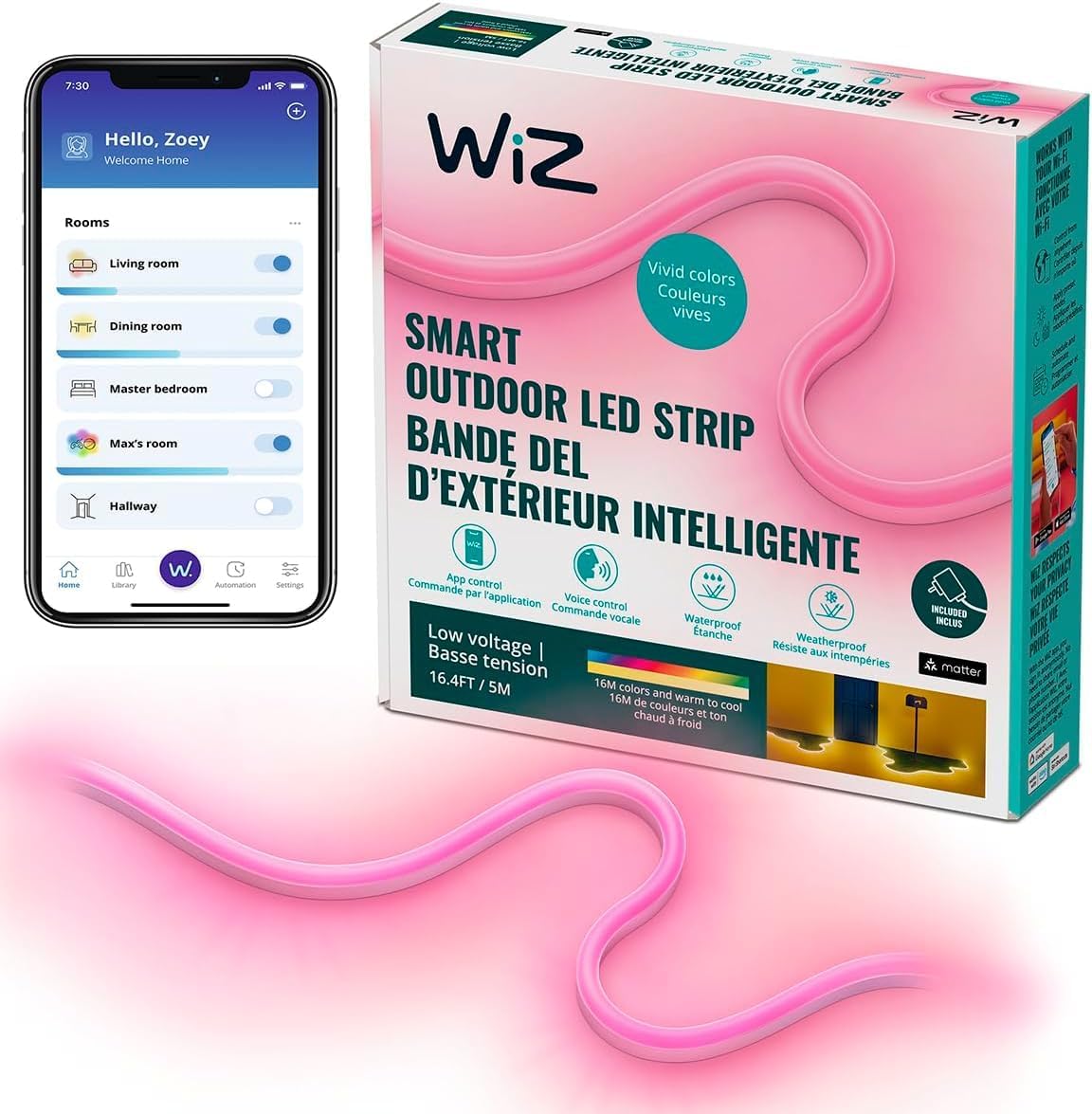 WiZ Connected 16 ft Outdoor LED Light Strip Base Kit with Plug – Flowing Multicolor LED Color-Changing Light Strip For Your Smart Home – Control App – Works with Voice