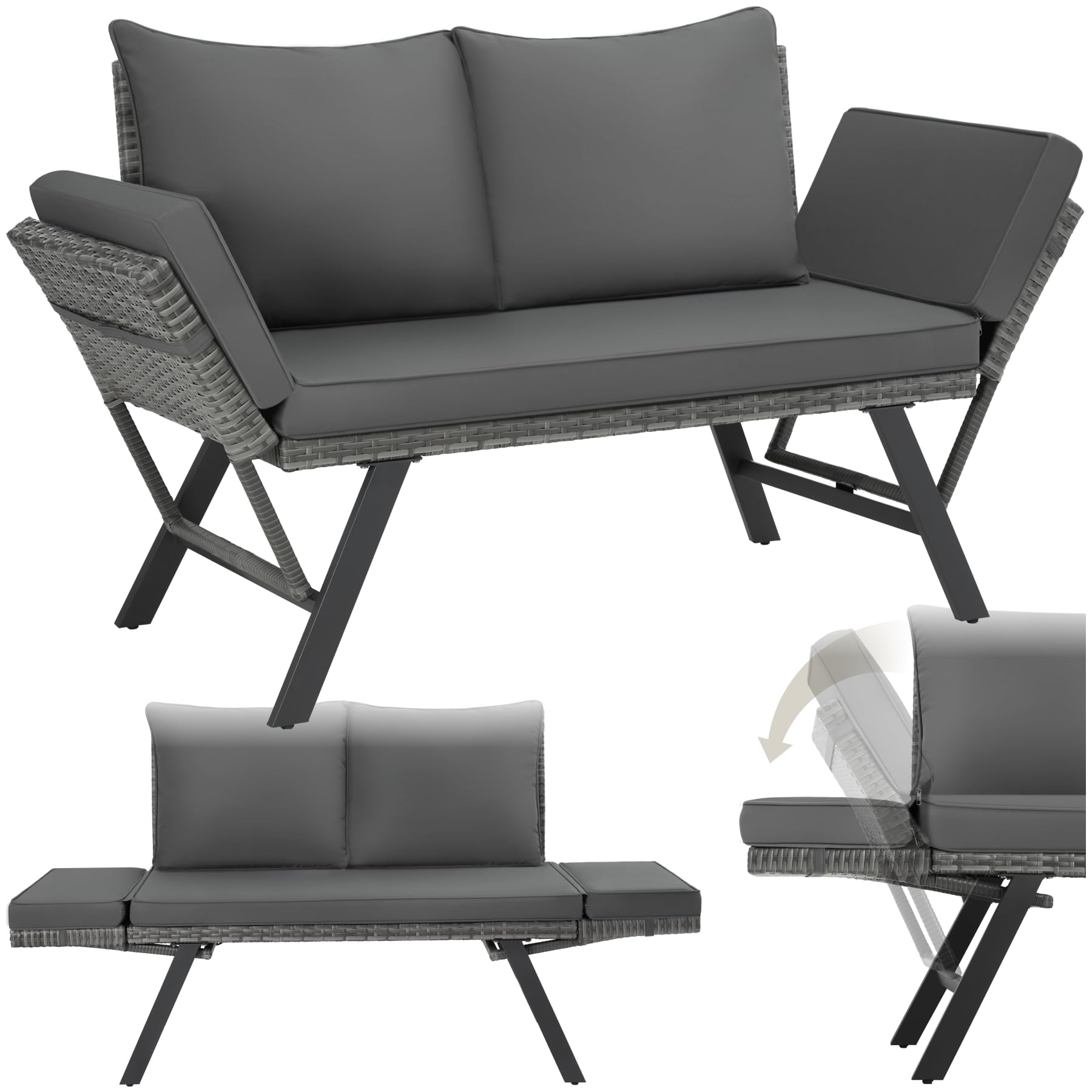 tectake® Rattan Loungesofa und Sonnenliege, Gartenmöbel, Lounge Möbel Outdoor, Sitzbank mit Schlaffunktion, Couch mit klappbarer Armlehne, Balkonmöbel, Gartenbank, Sofa, Balkon Möbel - grau