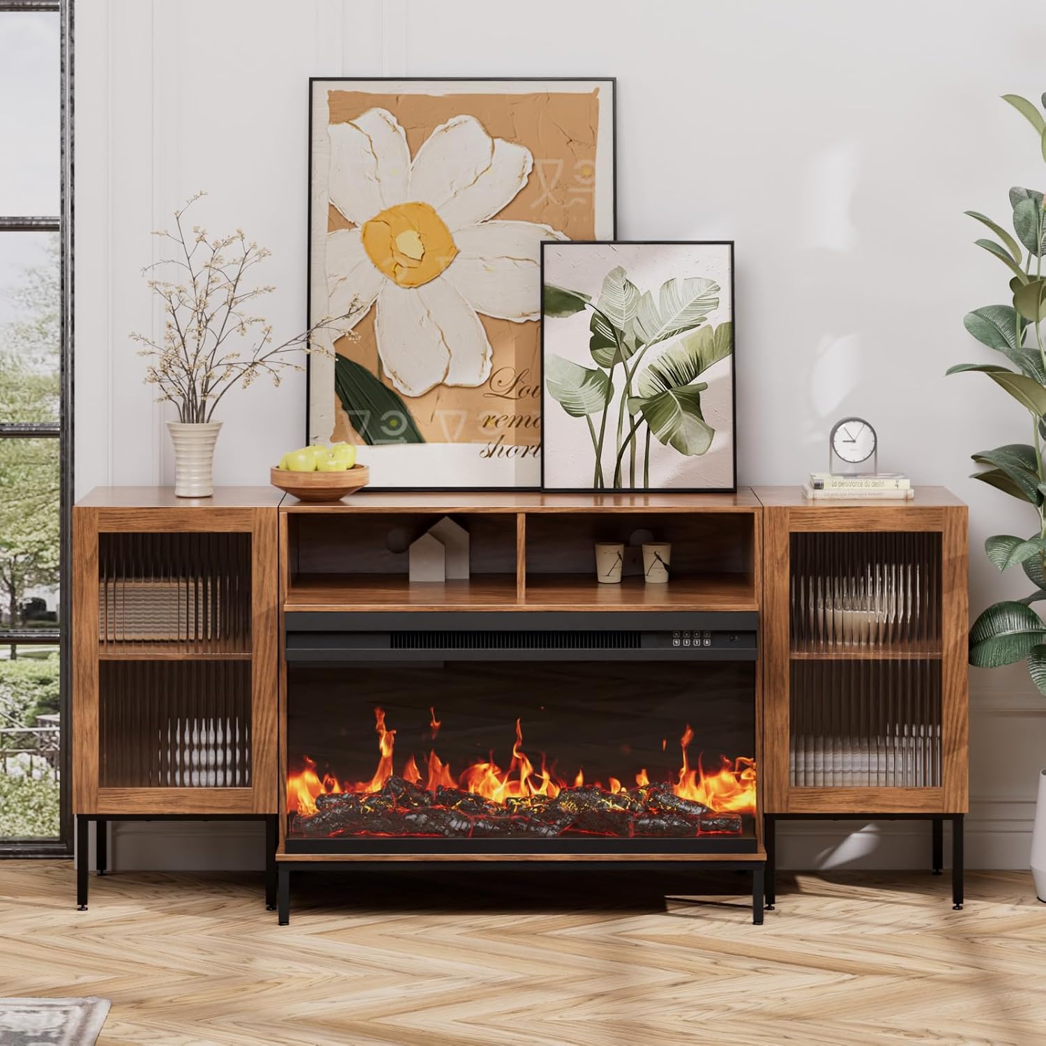 3-Sided Glass Fireplace TV Stand for TVs up to 75'' with 12 Color, Media Entertainment Center Console Table with Glass Doors Closed Storage, Dark Brown