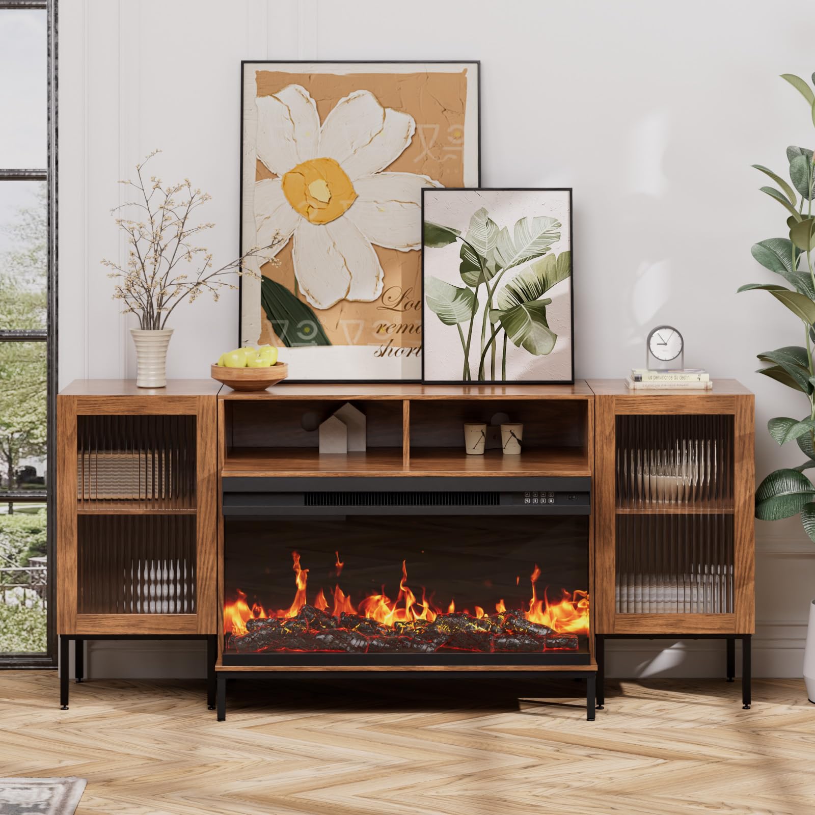 BVIUNTWO 3-Sided Glass Fireplace TV Stand for TVs up to 75'' with 12 Color, Media Entertainment Center Console Table with Glass Doors Closed Storage,