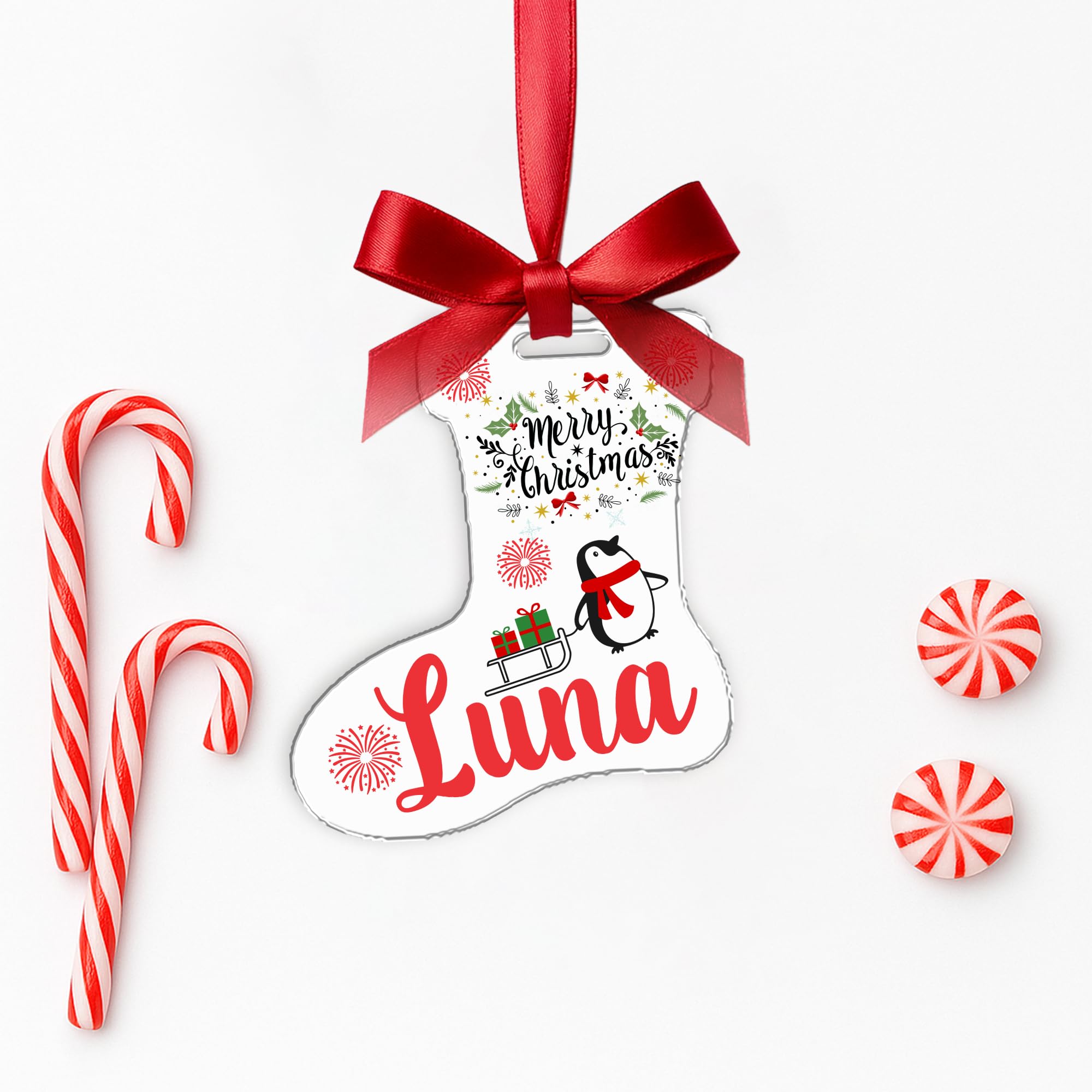 KreateSquare Personalised Christmas Bauble Xmas Tree Decoration with Customised Name and Red Ribbon Socks Shaped Baubles | Celebrate Love & Togetherness – Custom Christmas Ornament Keepsake