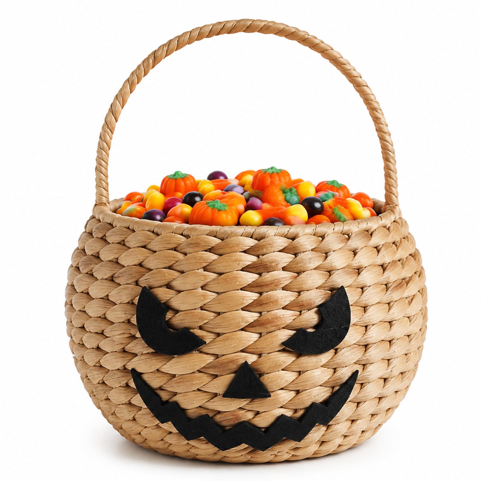 Kathfly Cesta de calabaza de jacinto de agua con asa, 9 x 7 x 5 pulgadas, cesta de almacenamiento de calabaza tejida a mano para dulce o truco, almacenamiento de dulces, fiesta de Halloween