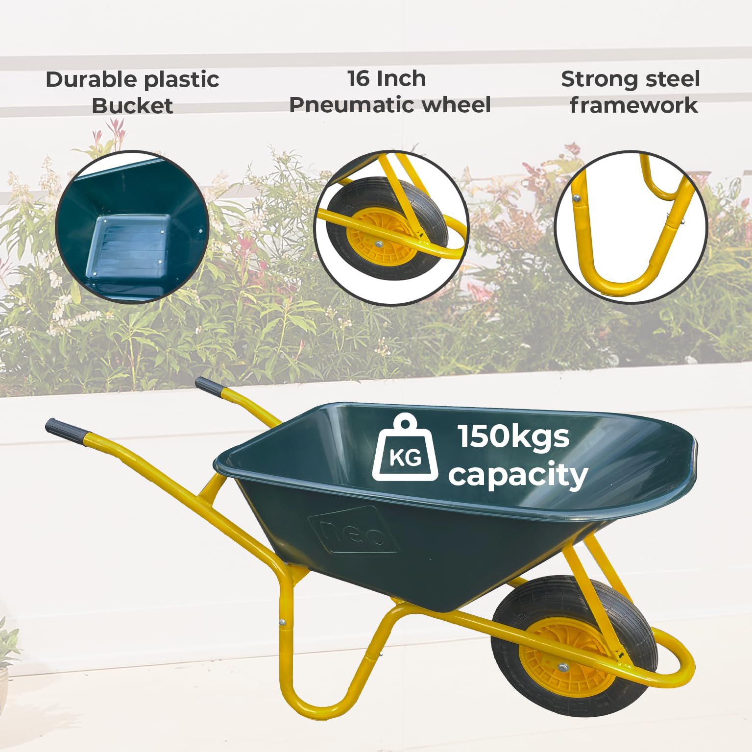 Neo Taczka ogrodowa Heavy Duty 110 l 150 kg trwała plastikowa zielona taca taczka pneumatyczne koła obciążenia opon końskie podwórko ogrodnictwo