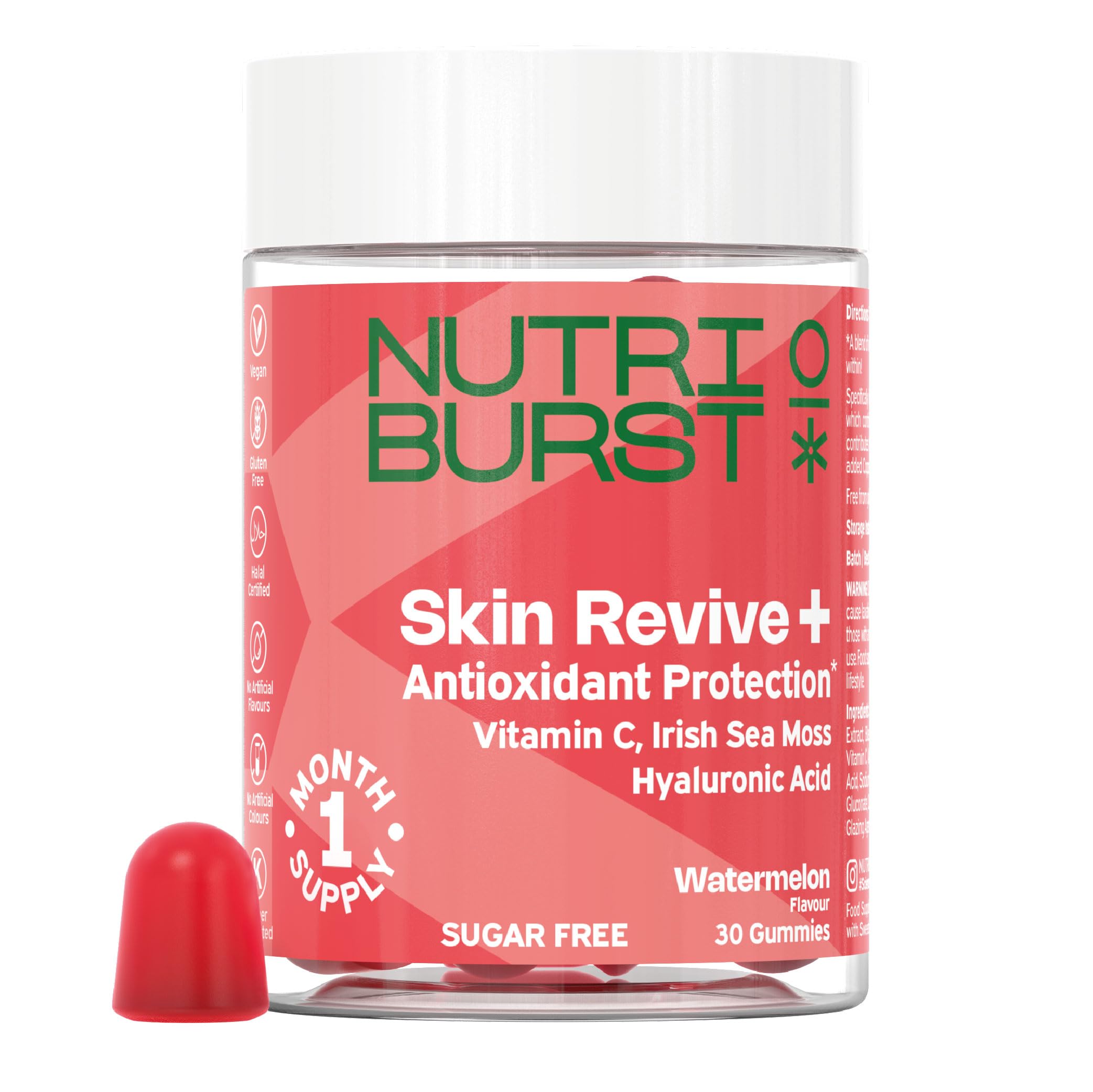 Nutriburst SkinRevive+ with 100mg Sea Moss, Blue Spirulina & Pomegranate and 80mg Vitamin C • Hyaluronic Acid • for Healthy & Glowy Skin • Sugar Free • Vegan • Halal • Watermelon Flavour • 30 Gummies