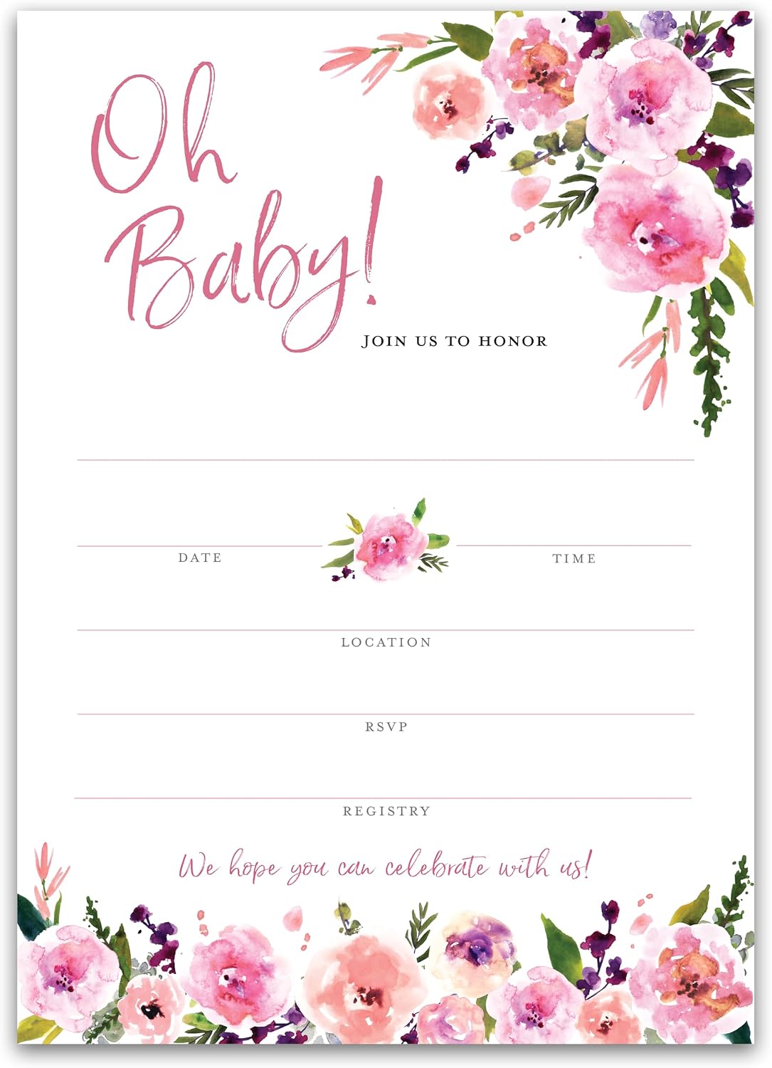 PINK GIRL Baby Shower INVITATIONS — Pack of 25 — Oh Baby Blank Fill-in INVITES, Floral It’s a Girl Baby Shower Invitation, Garden Shower, Boho Chic Sprinkle Sip and See I140-INV2