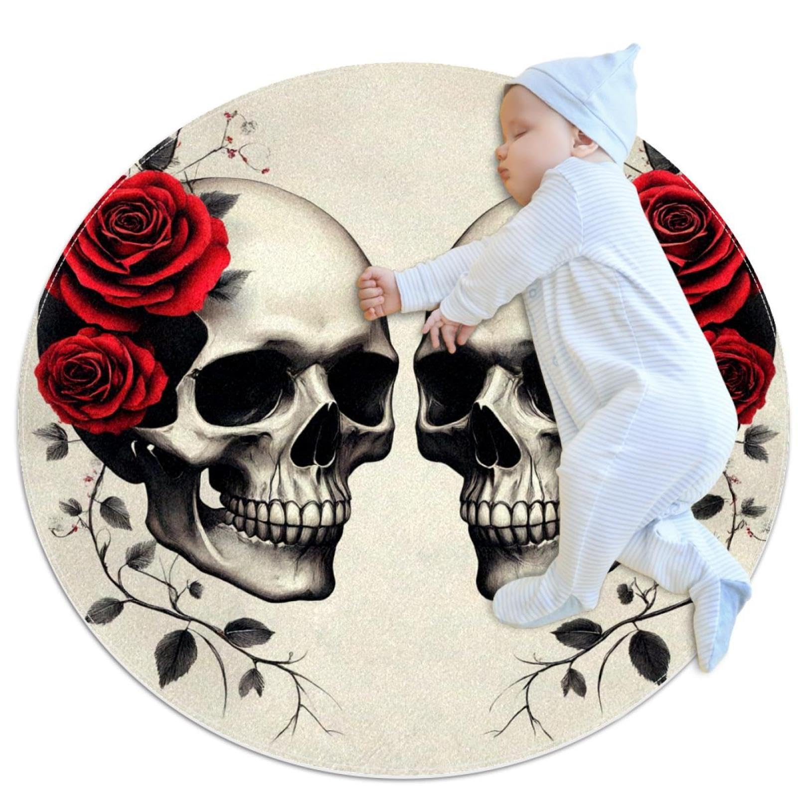 Tapis de salle de bain amoureux de la tête de mort roses rouges et football américain rond 1m