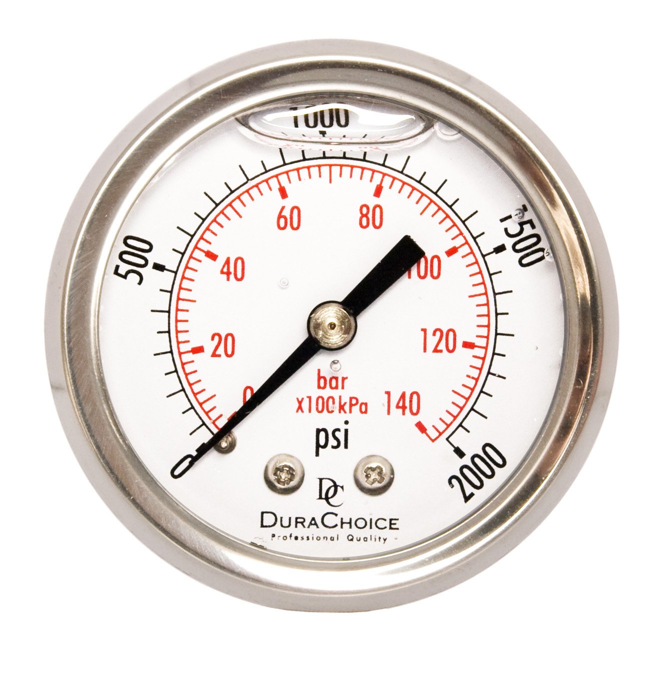 2" Liquid Filled Pressure Gauges - Stainless Steel Case, Brass, 1/4" NPT, Center Back Mount Connection, 0-300PSI