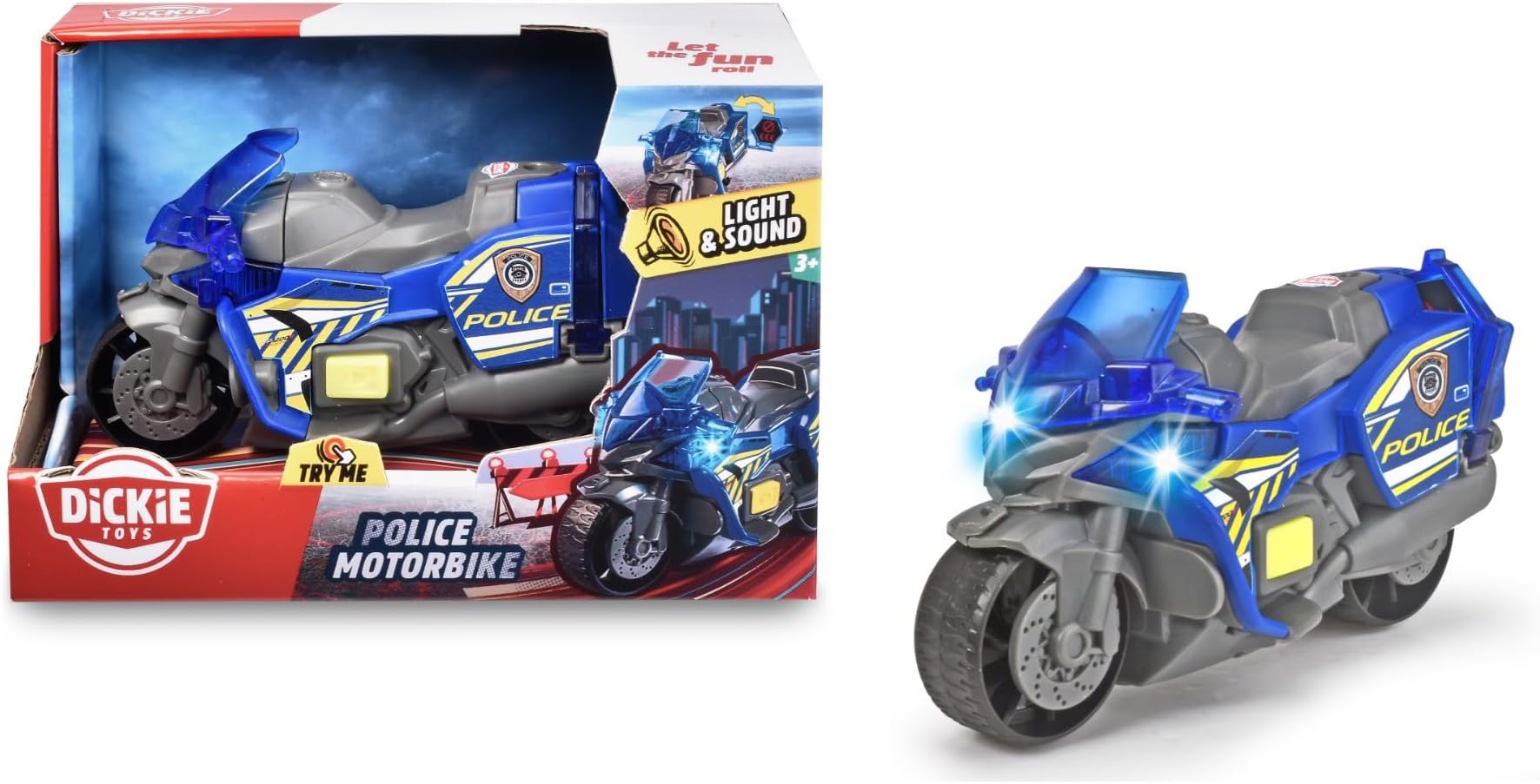 Dickie Toys 203302031 Police Motorcycle Toy for Children Aged 3 and up, with Light and Sound Effects, Freewheel, fold-Out Warning Sign, 15 cm Long, Multicoloured