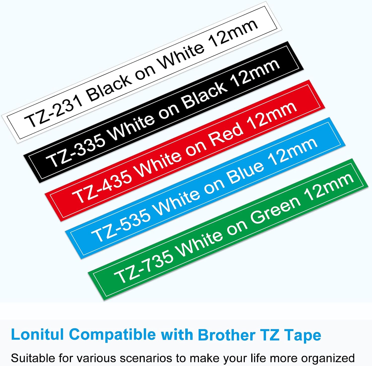 5 Multicolor TZ Tapes Replacement for Brother P Touch Label Tape TZe 12mm 0.47 Laminated Colored Tape TZe 231-735 White/Black/Red/Blue/Green for Brother Ptouch PTD210 PTP300BT PTD600 PT1280 - Image 3