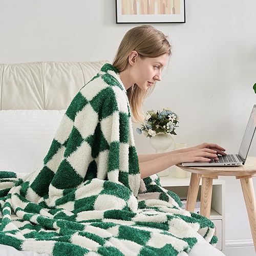 Miniatura 7 de Qeils Manta a cuadros para sofá, manta de microfibra súper suave de punto verde bosque para sofá, silla, cama, campamento, manta ligera para