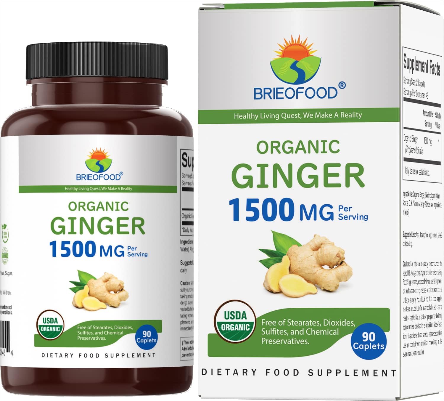 Organic Ginger 1500mg, 45 Servings, Vegetarian, Gluten Free, 90 Vegetarian Tablets