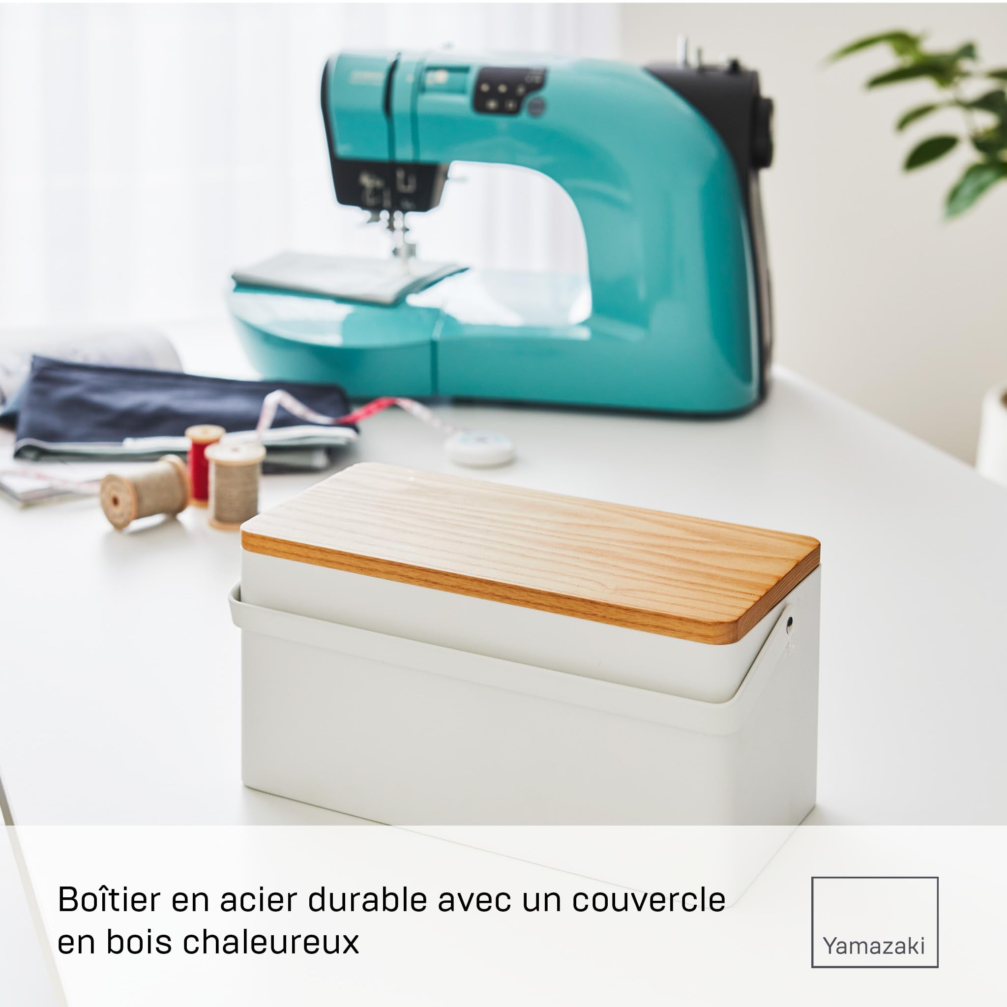 YAMAZAKI 5060 TOWER Sewing Box, white, Steel/Wood/ABS Resin/Cotton/Polyester, 27 x 14 x 13.5 cm