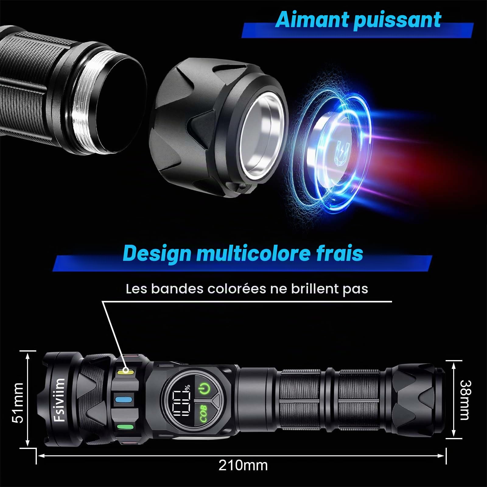 7000 mAh Batterie Haute Capacité, Lampe Torche LED Ultra Puissante, 1000000 Lumens Lampe de Poche, Zoomable Lampe torche Puissante Rechargeable COB, 9 Modes, Pour Camping, Randonnée, Urgence