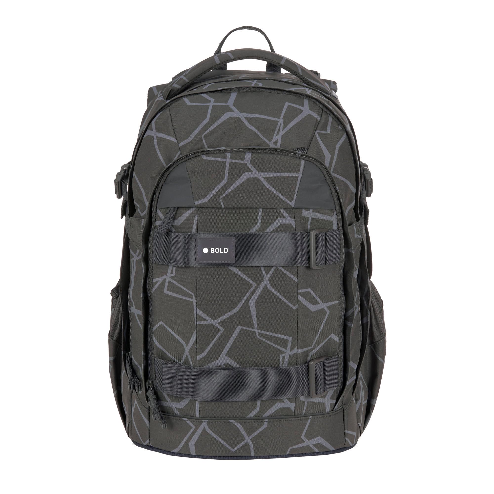 BOLD Lässig Schulrucksack mit Reflektoren und höhenverstellbarem Rückenteil/School Backpack Bold Edges grey