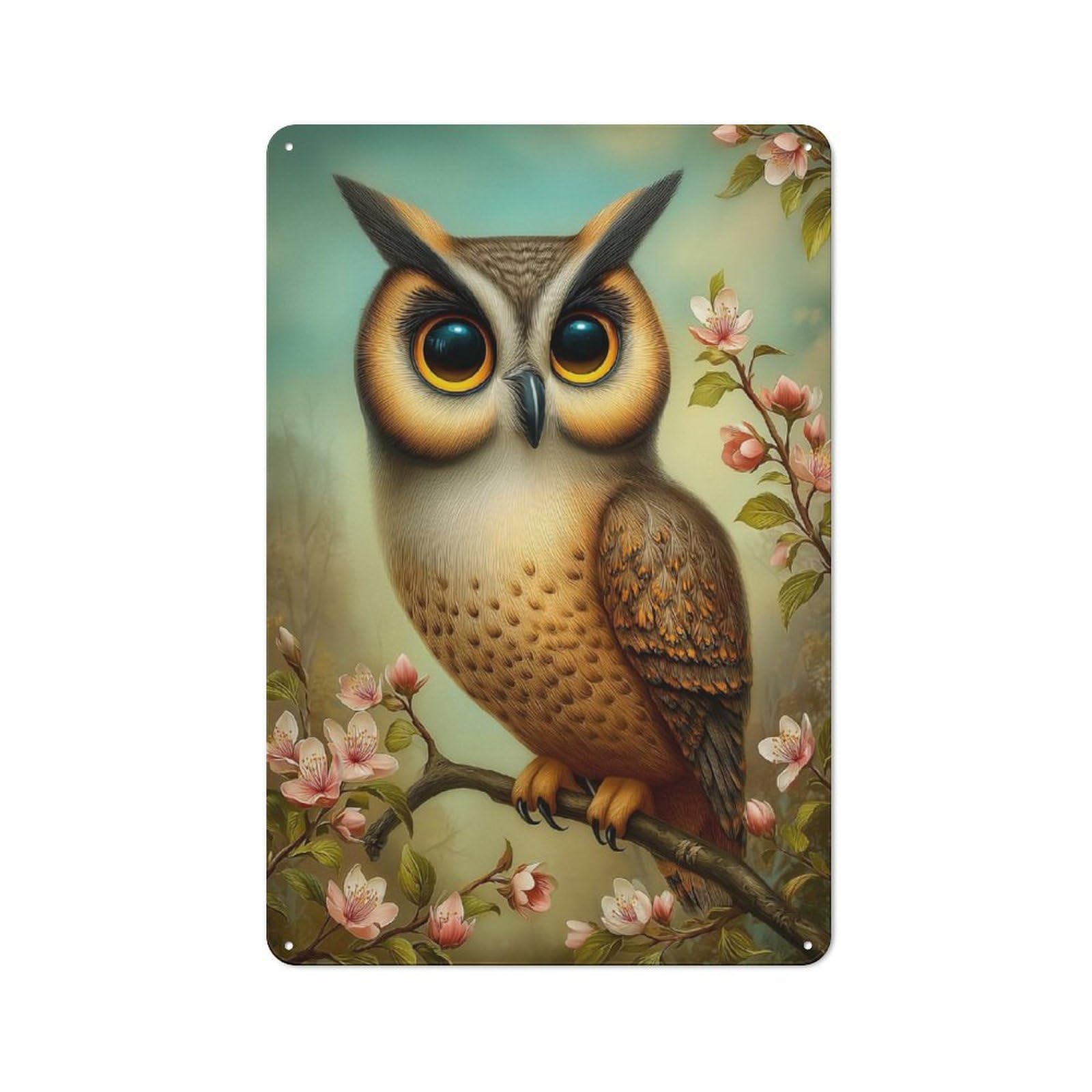 Junmoney Style-18 Owl Perched On Flowering Branch Metal Wall Sign 30X20cm, Rustic Decor For Pub Or Café, For Home Interiors, Feature Walls And Decorative Displays