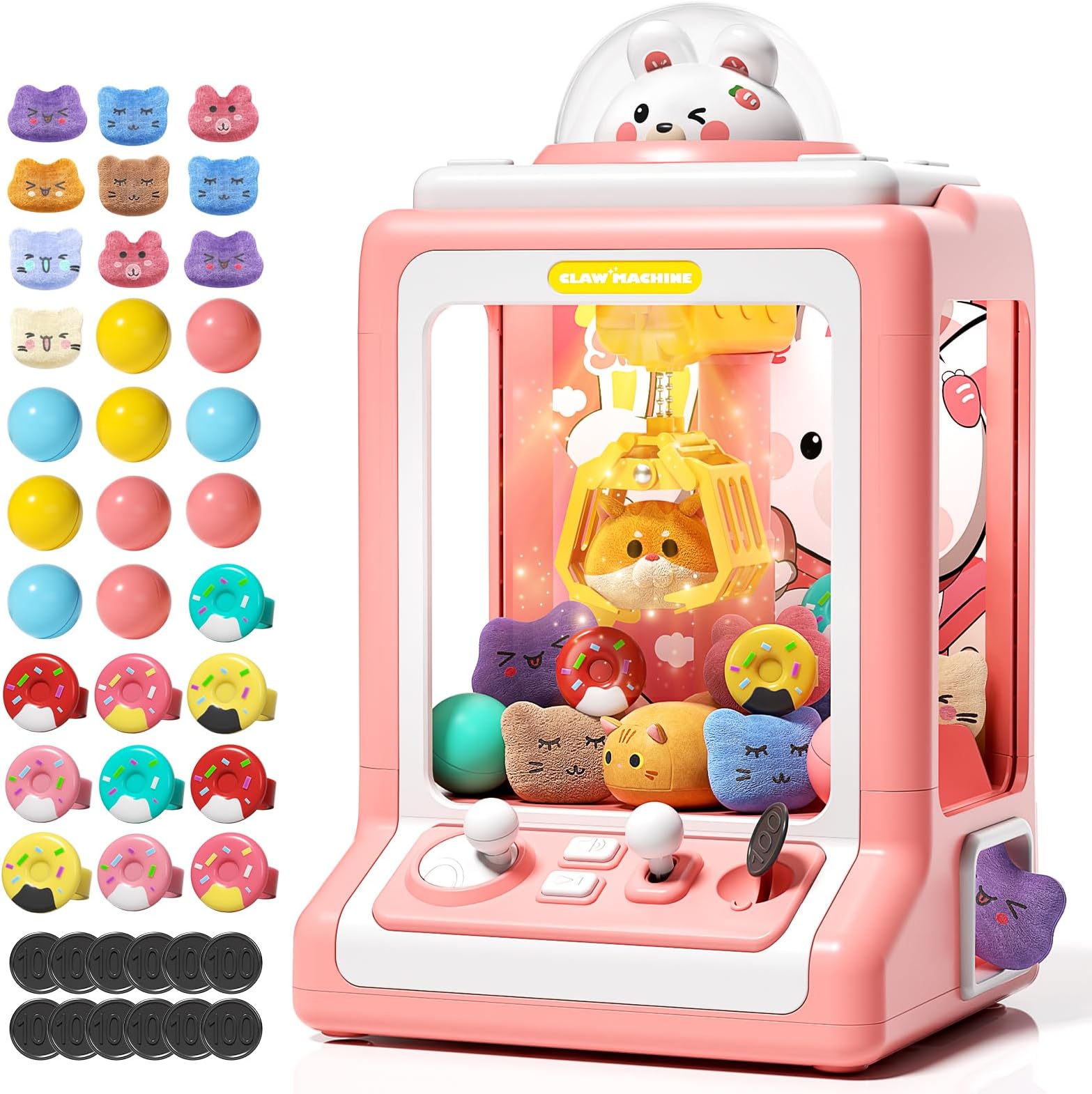 Jovow Rabbit Claw Machine for Kids, Mini Vending Machine with Game Coins & Music, Prize Dispenser Toys for Girls and Boys, Electronic Claw Game Machine for Party Birthdays, Includes 30 Mini Toys