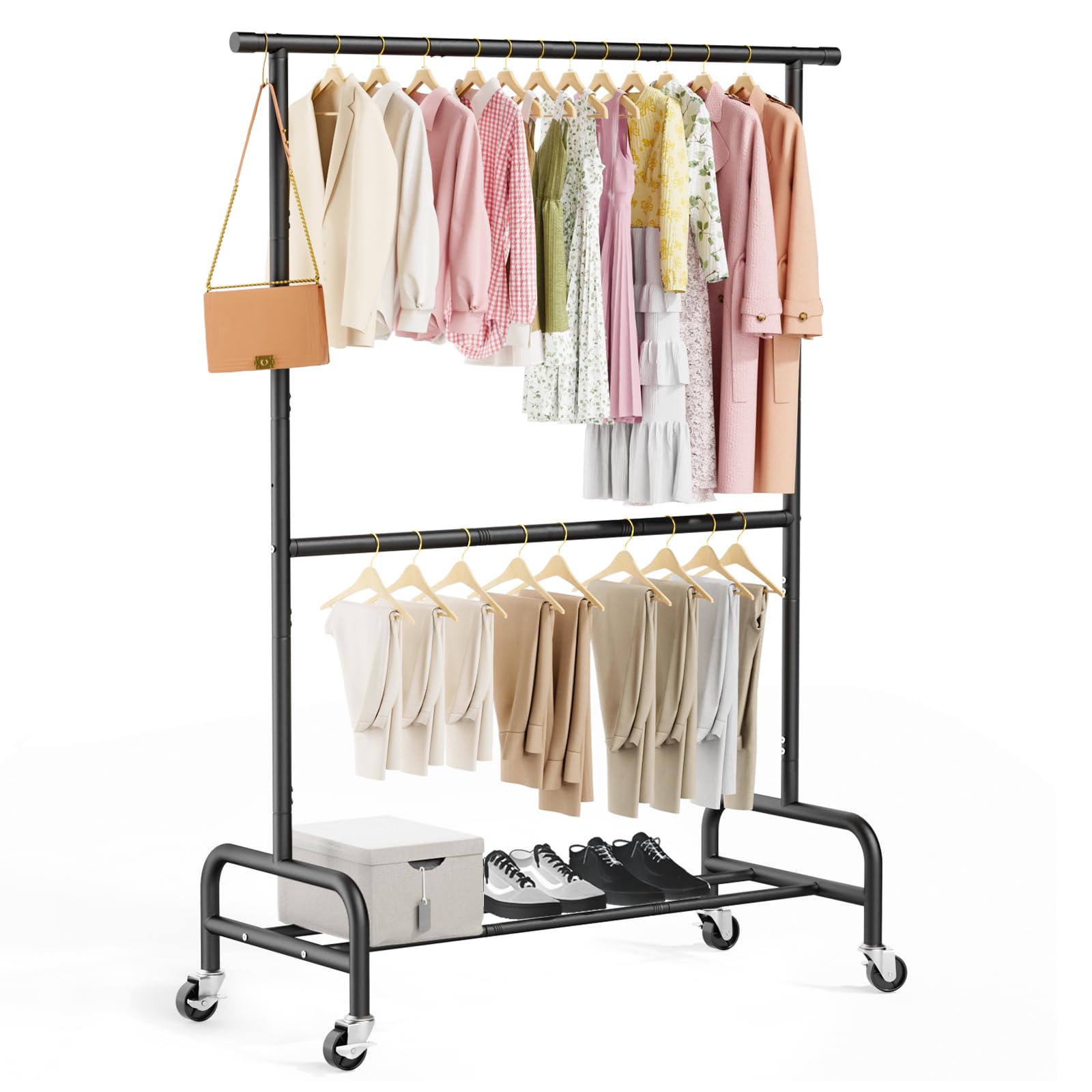 Abiglifty Double Clothes Rail on Wheels with Adjustable Height,195×106cm, 68KG Heavy Duty Double Rod Garment Rack, Free standing, Metal, Double Clothes Rail for Coat Rail, Bedroom, Living Room, Black