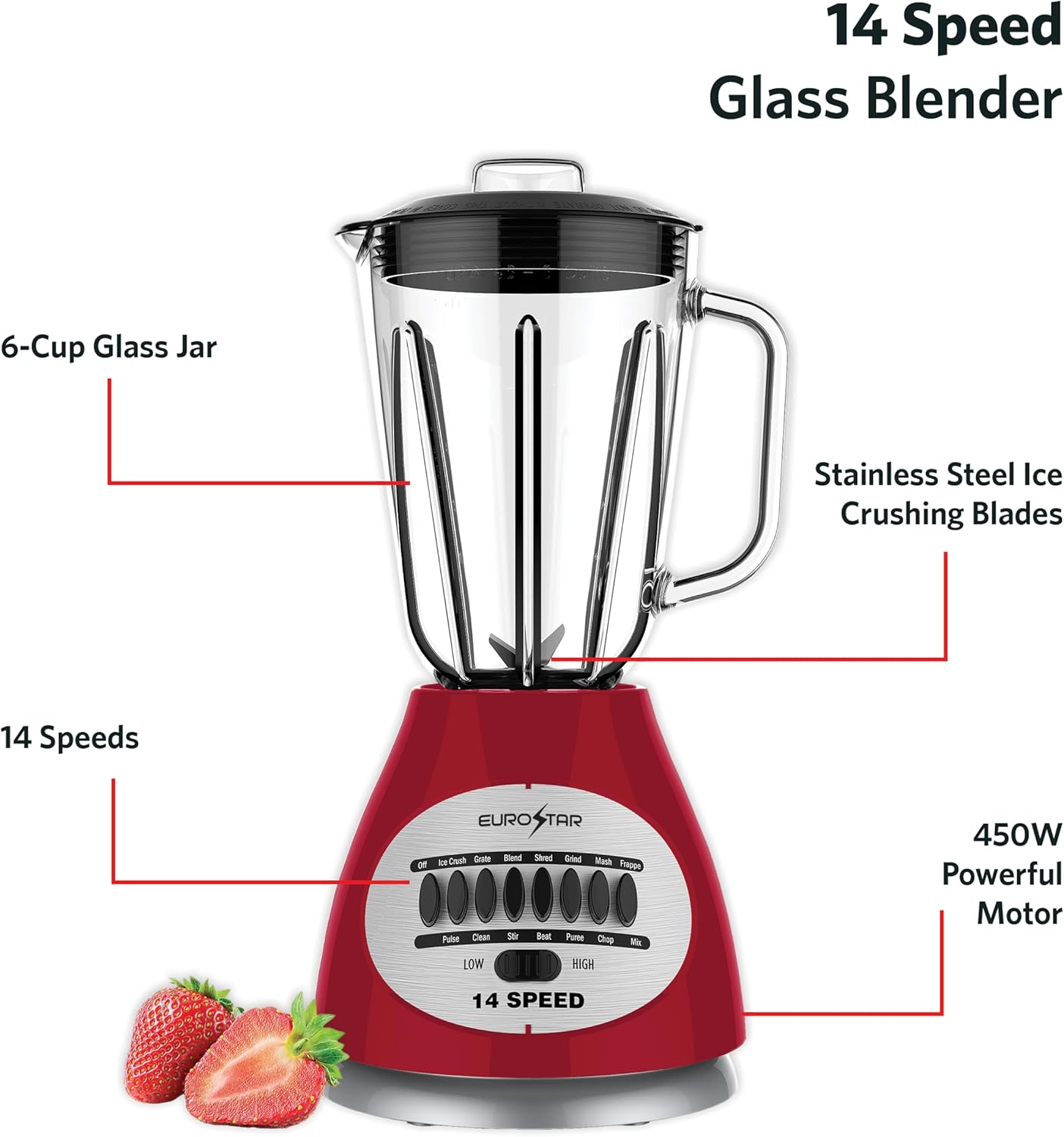 EUROSTAR 450W 14-Speed Glass Jar Blender (RED) - Image 2