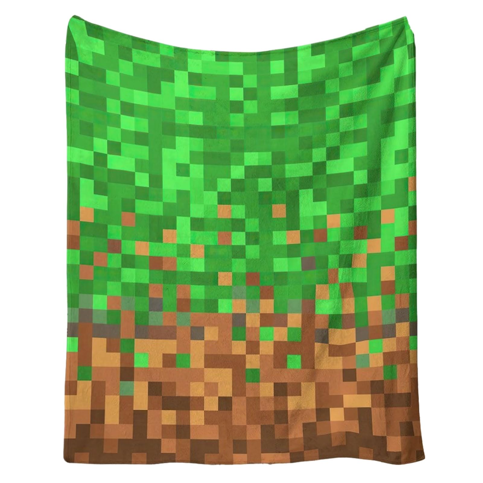 RetroNest Games Miners Square Patchwork Bed & Kids Flannel Blanket,Cozy Geometric Grid Patchwork Pixelated Plaid,Cartoon Gamepad Design Brown Green Fuzzy for Girls Boys Sofa & Bed Decor 100x150cm