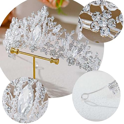 Miniatura 6 de Foyte Corona de reina barroca con diamantes de imitación, tiara plateada, accesorios para el cabello de cristal para novia, diadema de piedras