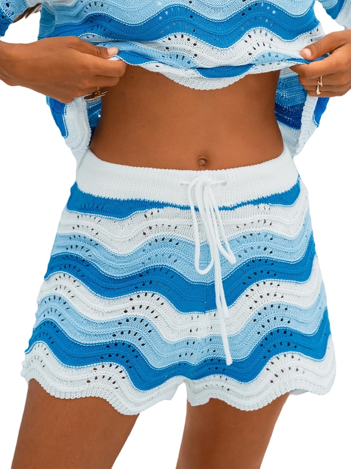 CUPSHE Women's Cover Up Shorts Striped Drawstring Waist Knit Swimsuit Cover Up Summer Casual Beach Shorts