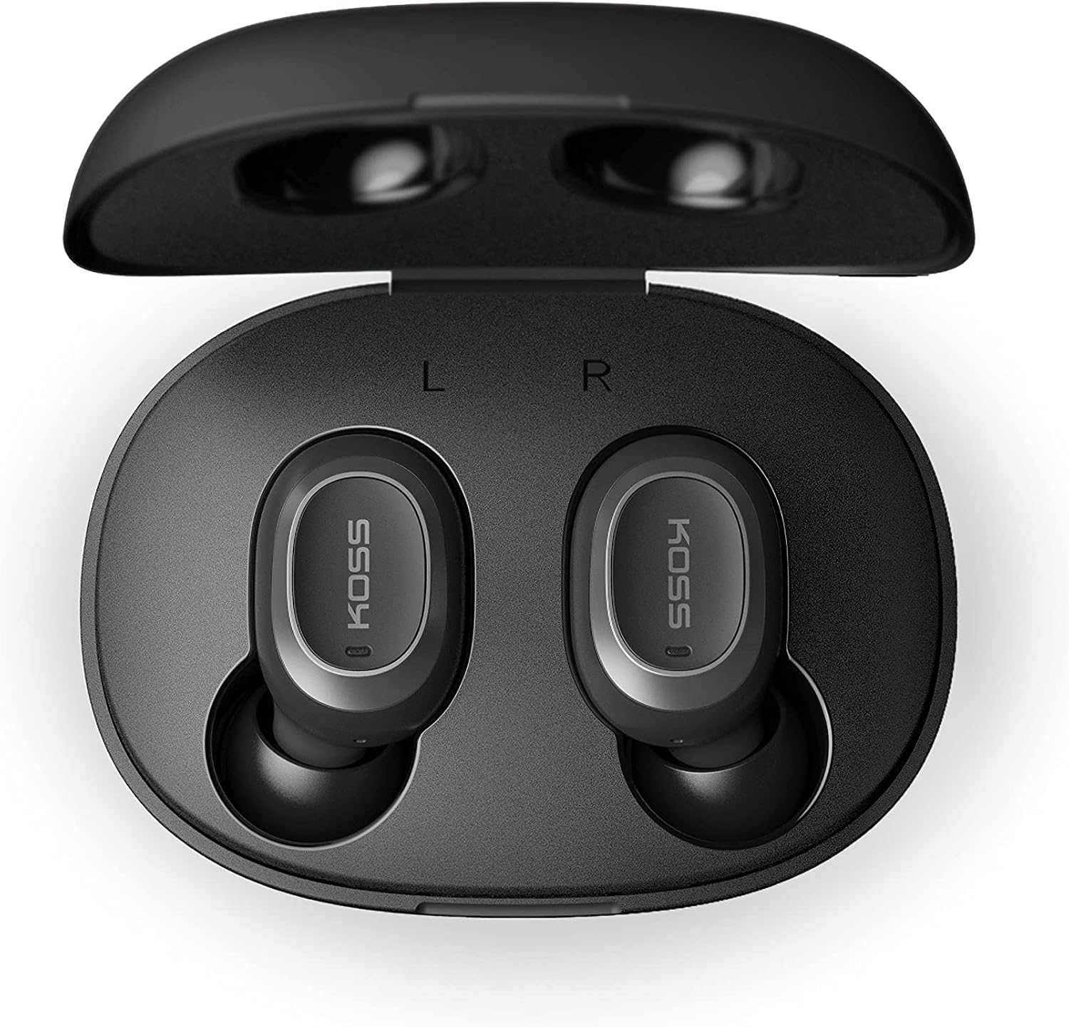 Open Koss TWS250i charging case with both earbuds inside, showing L and R indicators.