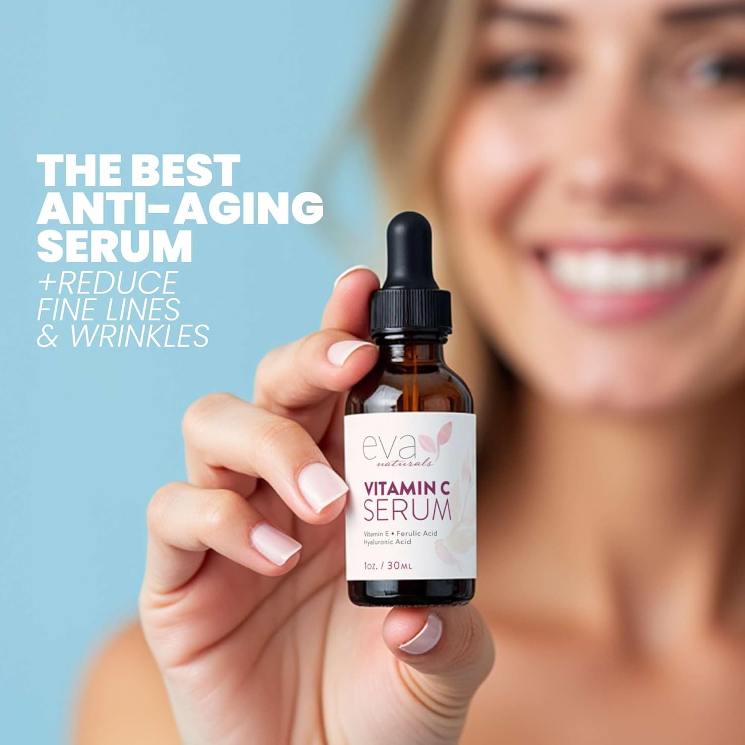 Eva Naturals Vitamin C Serum for Face - 20% Vit C with Hyaluronic Acid, Ferulic Acid & Vitamin E - Facial Serum for Dark Spots, Acne, Anti Aging, Glow & Even Skin Tone, 1 oz - Image 3