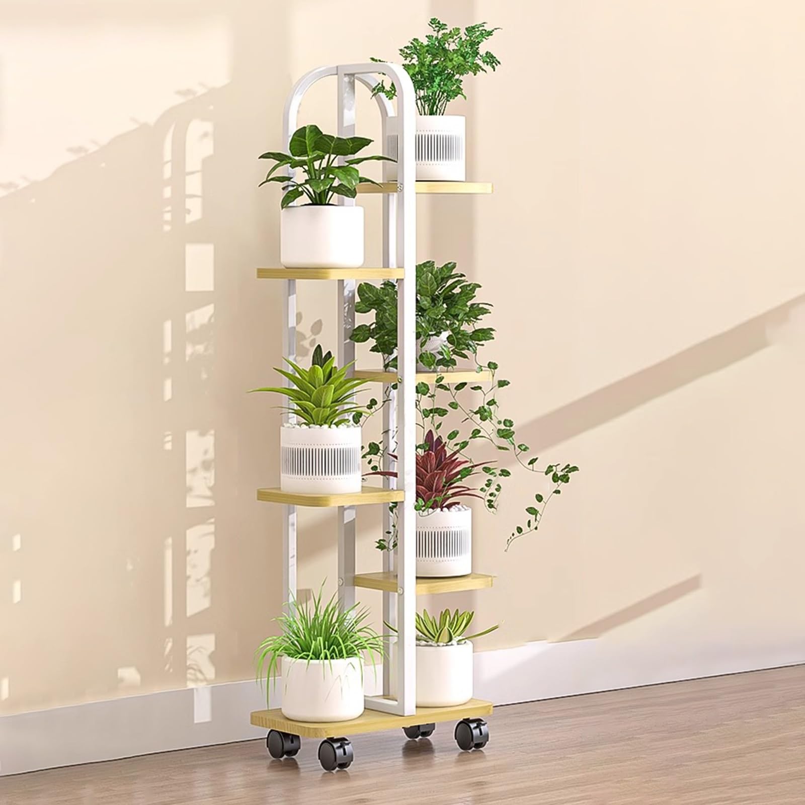 Grand support plantes à 6 niveaux en métal noir mobile pour patio