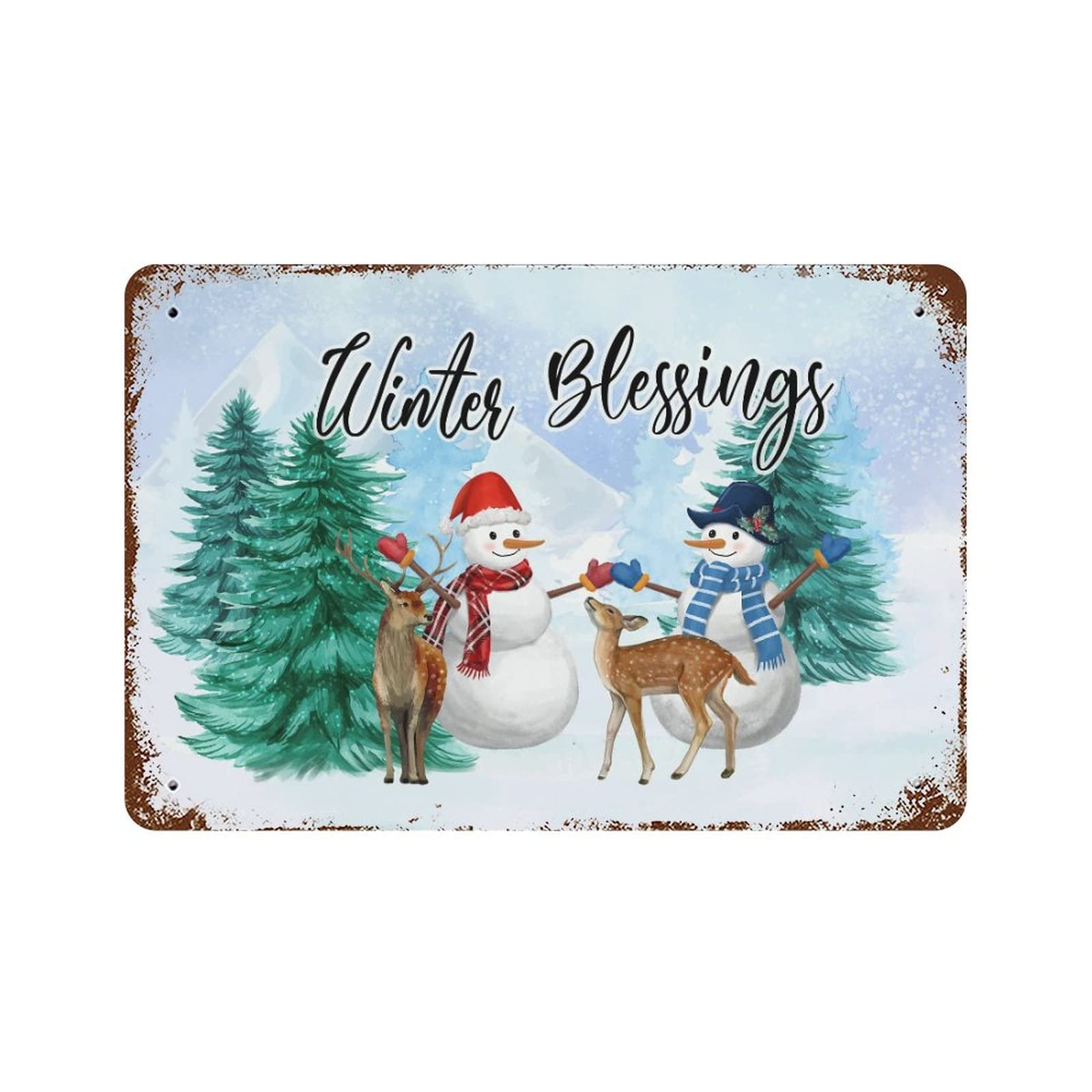 Panneau rétro bonhomme de neige et cerf déco Noël vintage extérieur 30x45cm