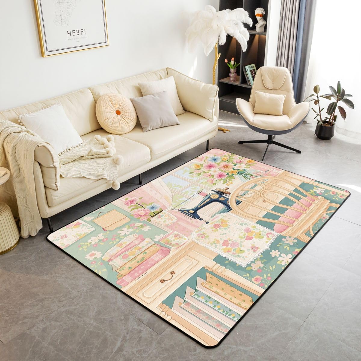 Manfei Alfombra para máquina de coser, acuarela, floral, para interiores, entrada, decoración de habitación de niños y niñas, estilo rústico vintage, antideslizante, absorbente, 6 pies 6 pulgadas x 4