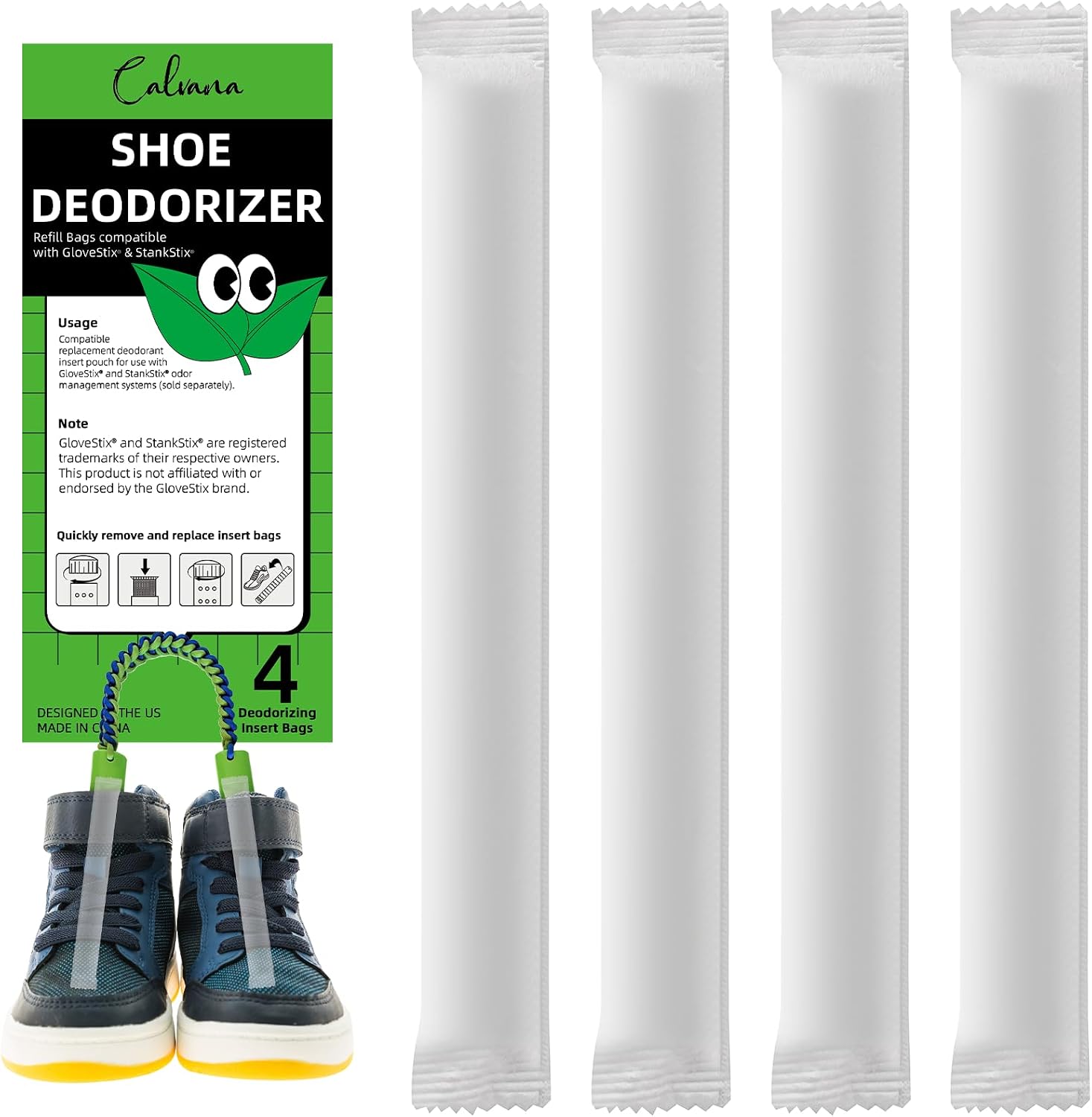 (4-Pack) Calvana Shoe Deodorizer, Refill Bags Compatible with GloveStix & StankStix, Odor Eliminator for Hockey & Lacrosse Gloves, Boxing & Soccer Gear, Gym Bags & Sports Equipment, Up to 6 Months