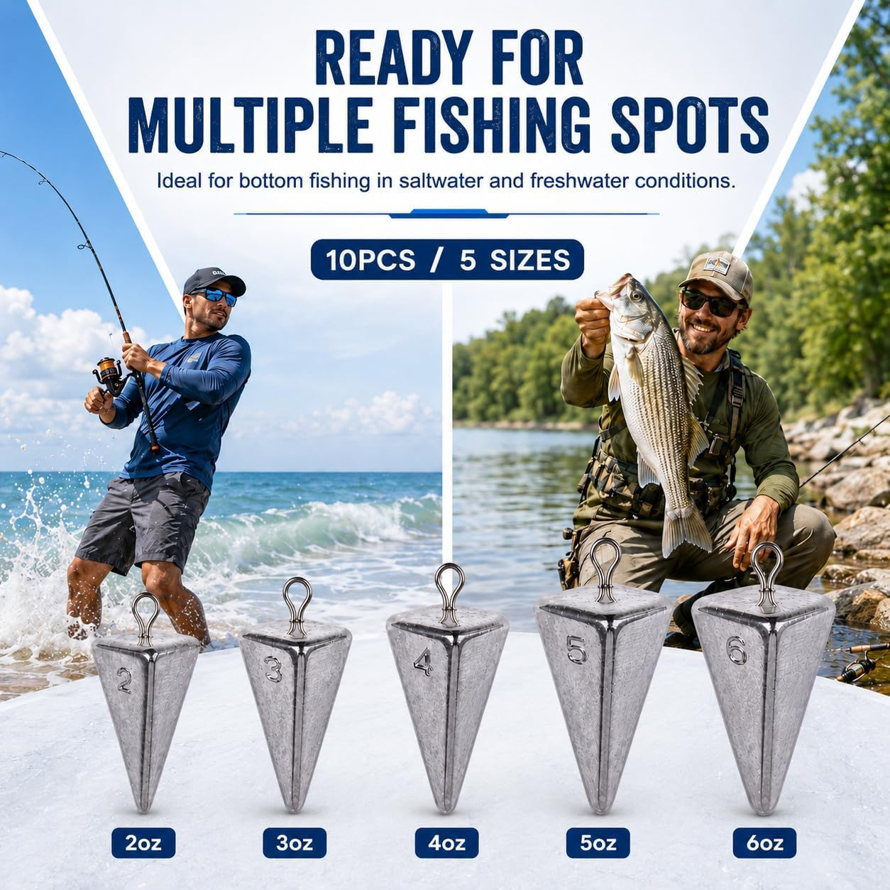 Pyramid Sinkers Fishing Weights, 8/10PCS, 4/5 Sizes, 2-6oz Kit | Lead pyramid sinkers hold firmly on sandy bottoms for beach, pier, shore and bottom fishing in strong saltwater currents