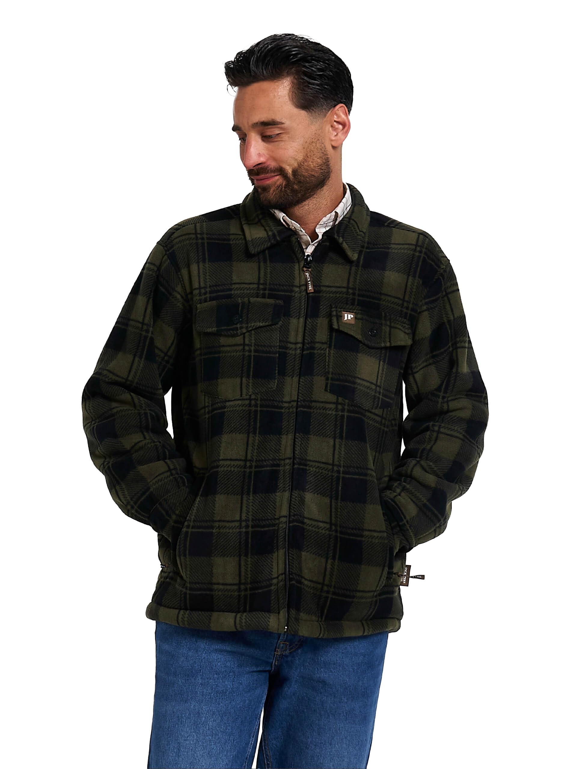 JACK PYKE Camicia tundra da uomo – Camicia a maniche lunghe in flanella a quadri con cerniera e fodera in pile, colletto rovesciato, multi tasche, polsini con bottoni per tiro o abbigliamento casual