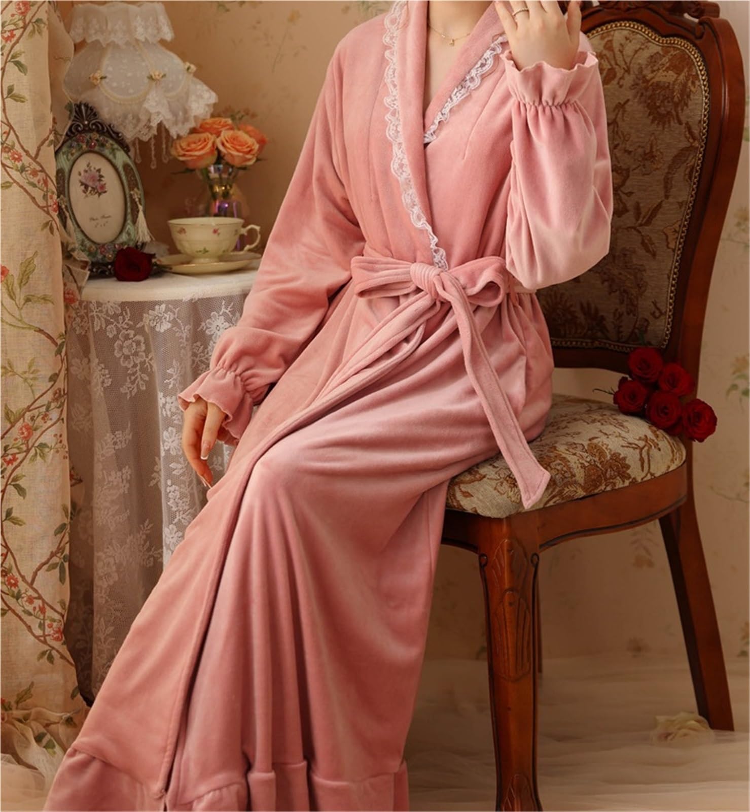 Albornoz Ducha Bata con Volantes For Mujer, Albornoz Largo Suave De Felpa, Lana Cálida, Camisón For Niñas Accappatoio para Viajes(Pink,Large)
