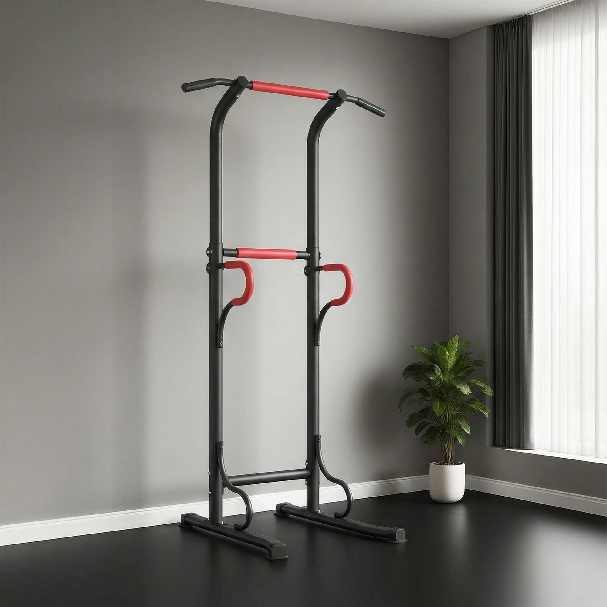 HOMCOM Power Tower Dip Station, Barra per Trazioni Power Tower Stazione Fitness Multifunzione con Altezza Regolabile 171-219cm, Nero Rosso
