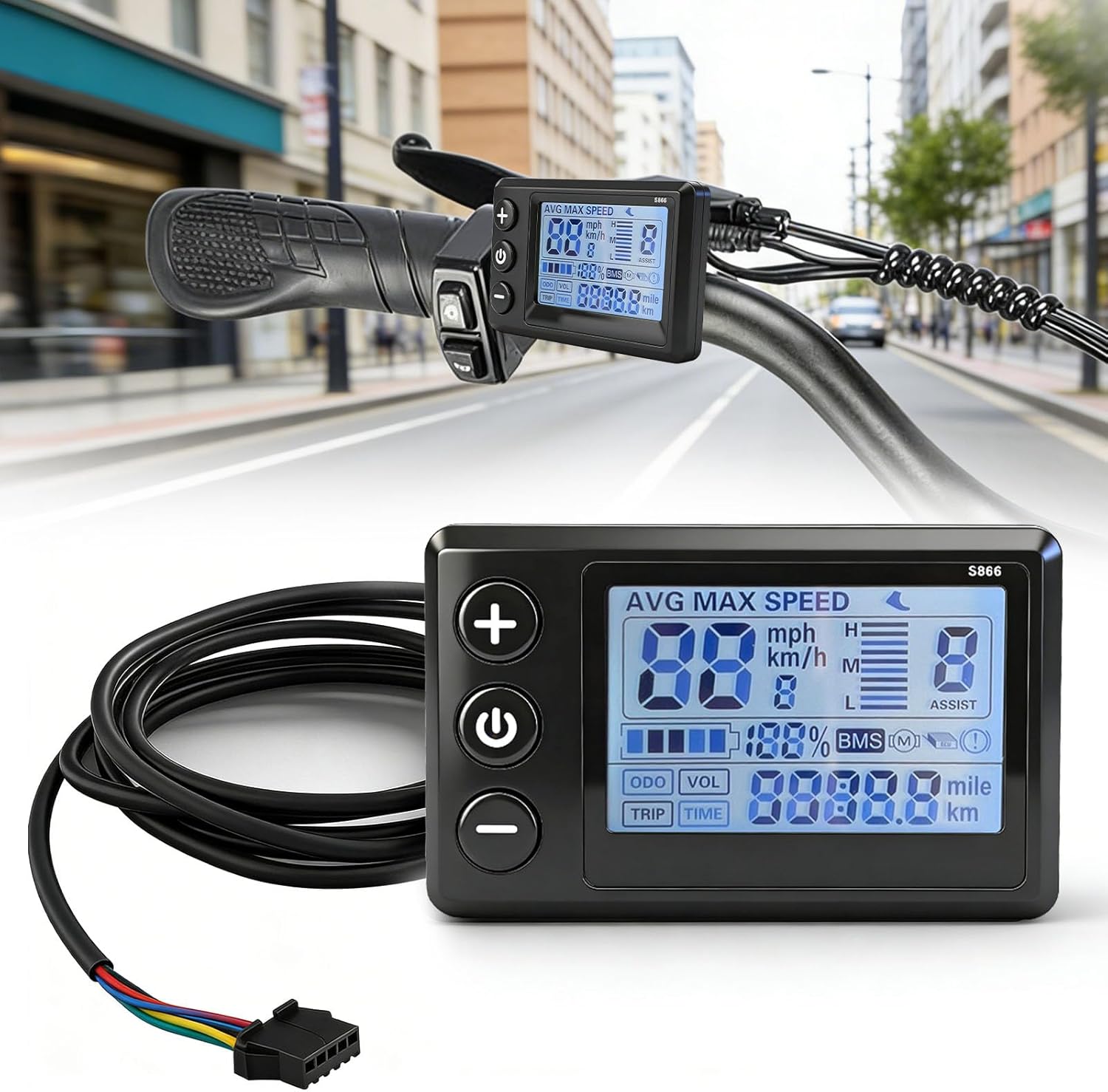 Electric LCD Display Meter, S866 LCD Display Meter, Speedometer Odometer for Ridstar Q20, 24V 36V 48V Electric Scooter Control Panel with Plug for 22.2mm/0.9in Handlebars