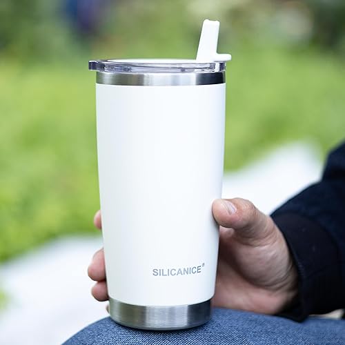 Miniatura 7 de Vaso de acero inoxidable aislado al vacío con tapa de 20 onzas, con popote extraíble, color blanco, apto para lavavajillas, a prueba de derrames,