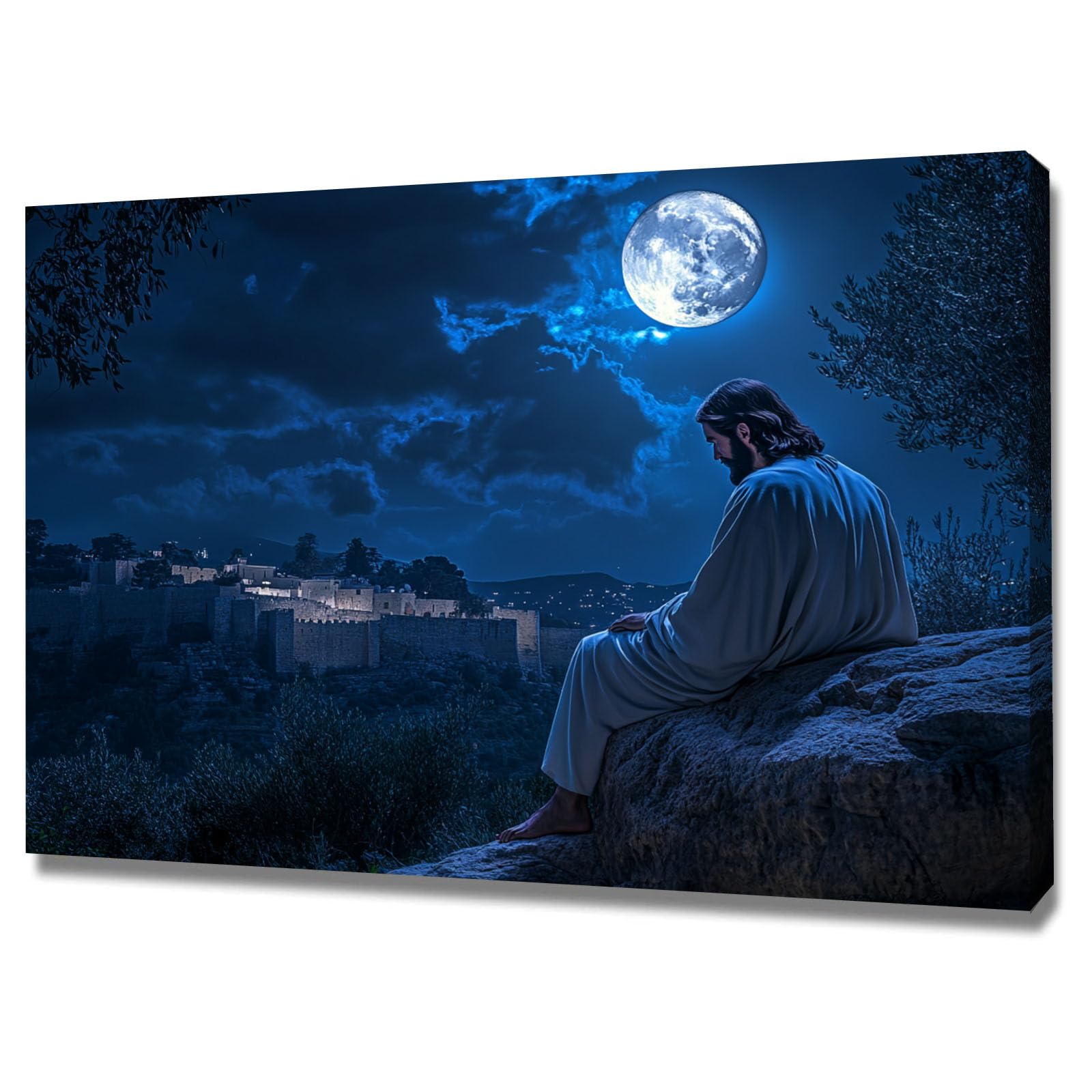 HOQIU decoración pascua Pintado por Jesús bajo la luna fotos de paisajes, cuadros y láminas, Sala de Estar Decoración de Dormitorio（azul-30x40cm Enmarcado