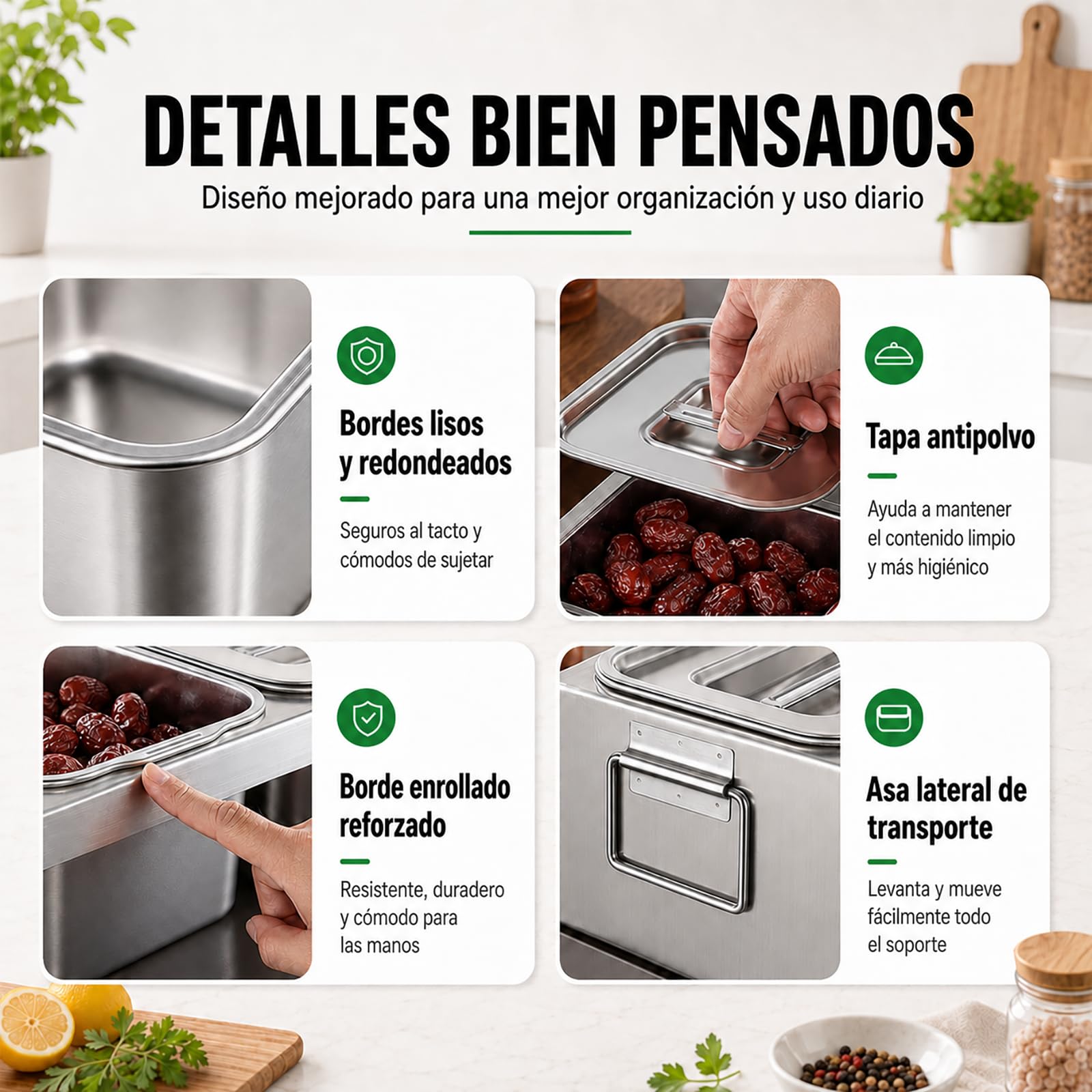 Recipientes de Acero Inoxidable para Alimentos 6 x 2L con Tapa y Cuchara – Estación de Acero Inoxidable para Añadir Ingredientes a la Pizza, BBQ, Salsas y Verduras – Bandeja GN para Cocina Restaurante