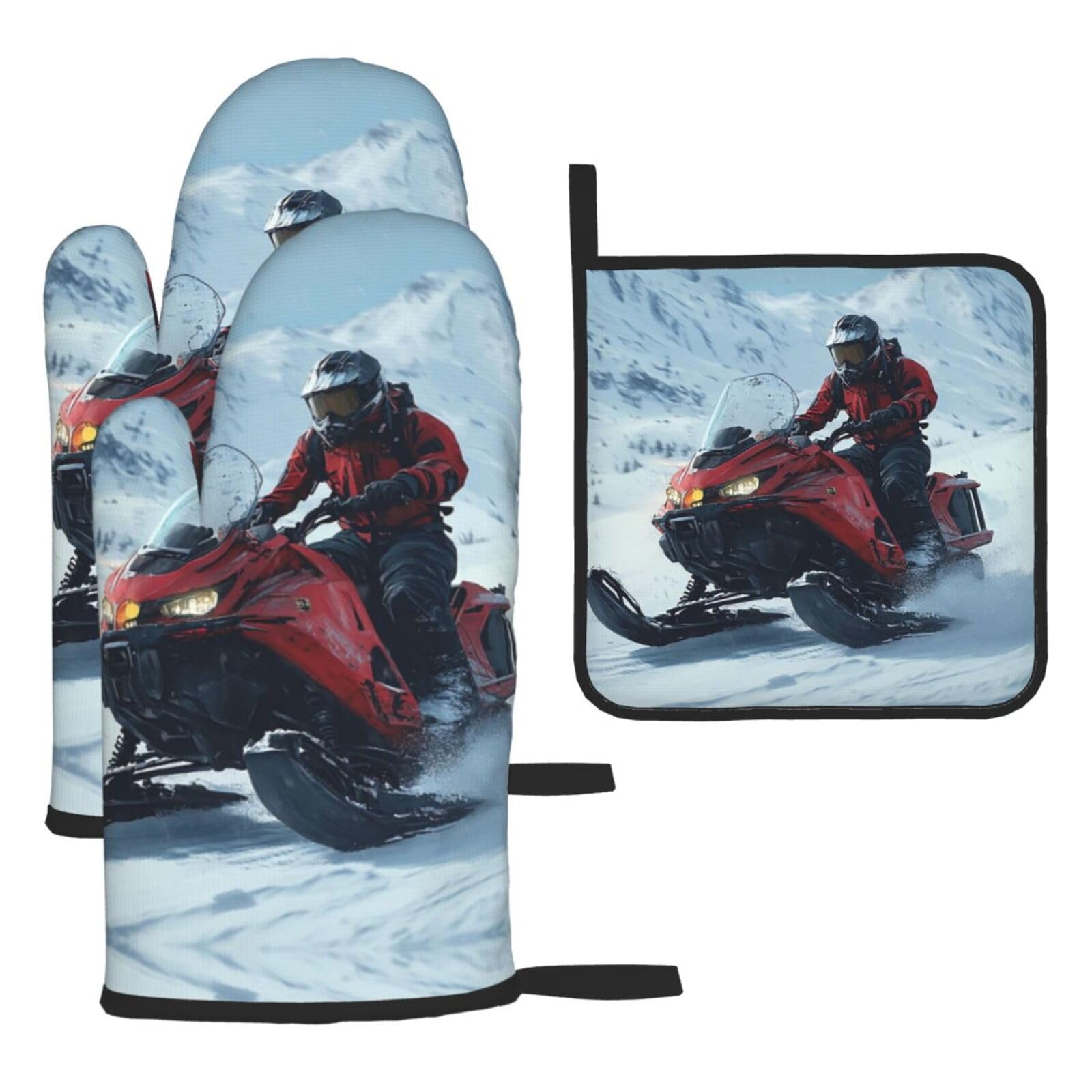 Oven Mitts and Pot Holders Set of 3 Heat Resistant Non-Slip Kitchen Gloves Hot Pads Snowmobile Mittens Non-Slip Potholders for Cooking Baking Grilling BBQ