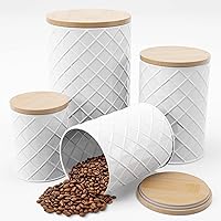 Pebble & Stem White Metal Kitchen Canister Set of 4 - Airtight Bamboo Lids for Flour Sugar Coffee Tea - Farmhouse Countertop Storage